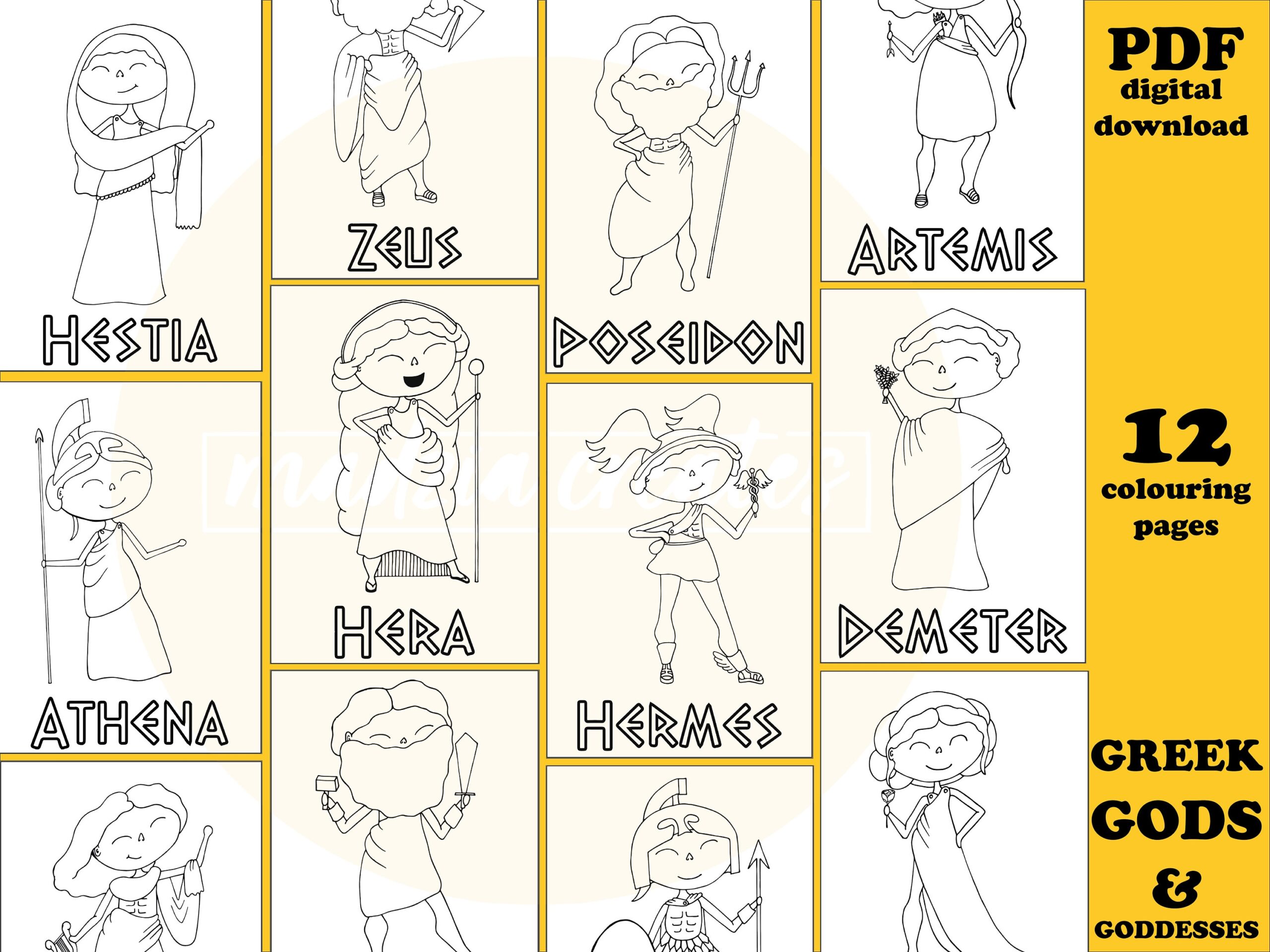 Greek Gods Goddesses Coloring Pages Kids Activities Printable Download PDF A4 12 Pages