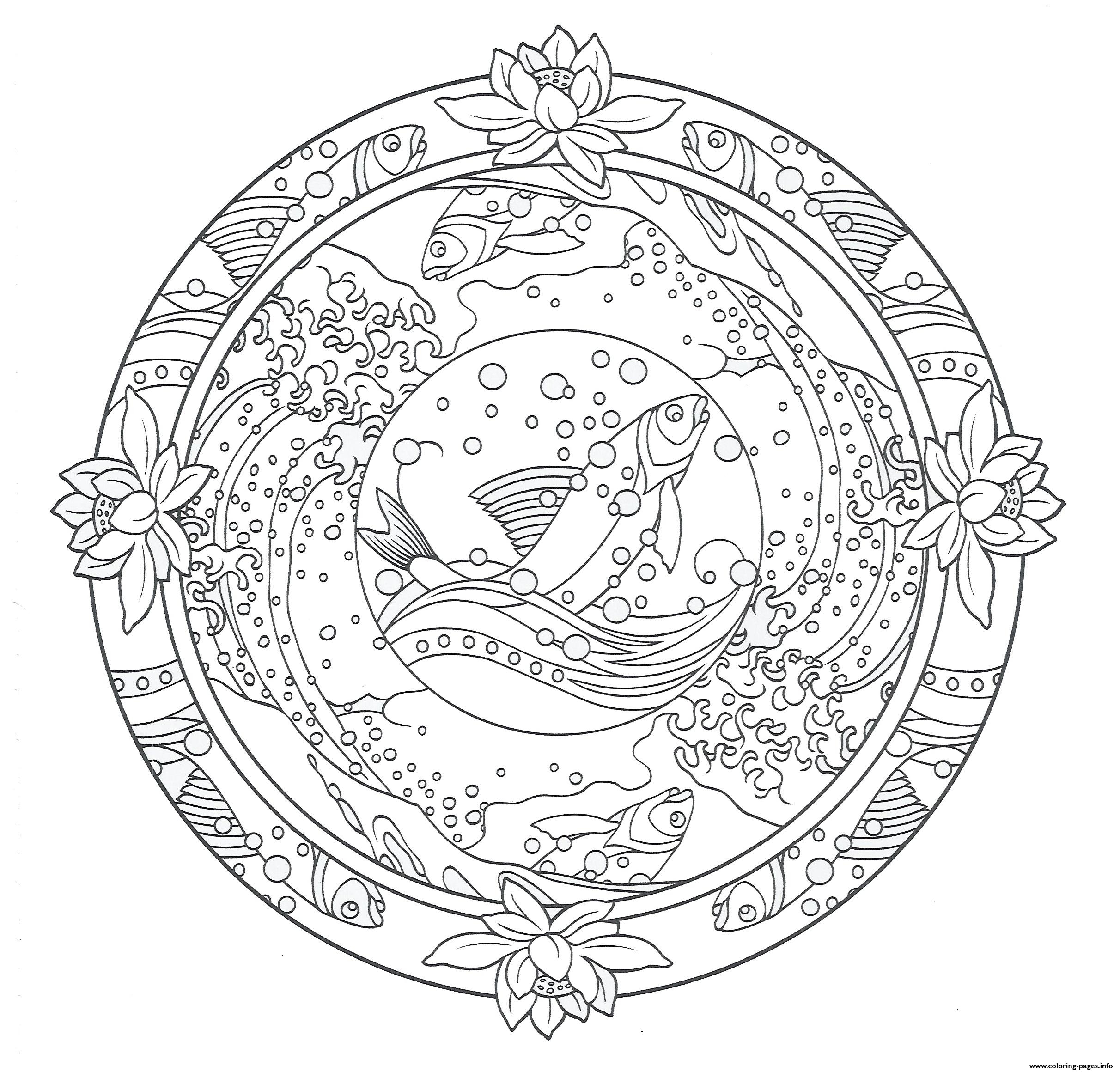Mandala Ocean Fish Adult Art Therapy Coloring Page Printable