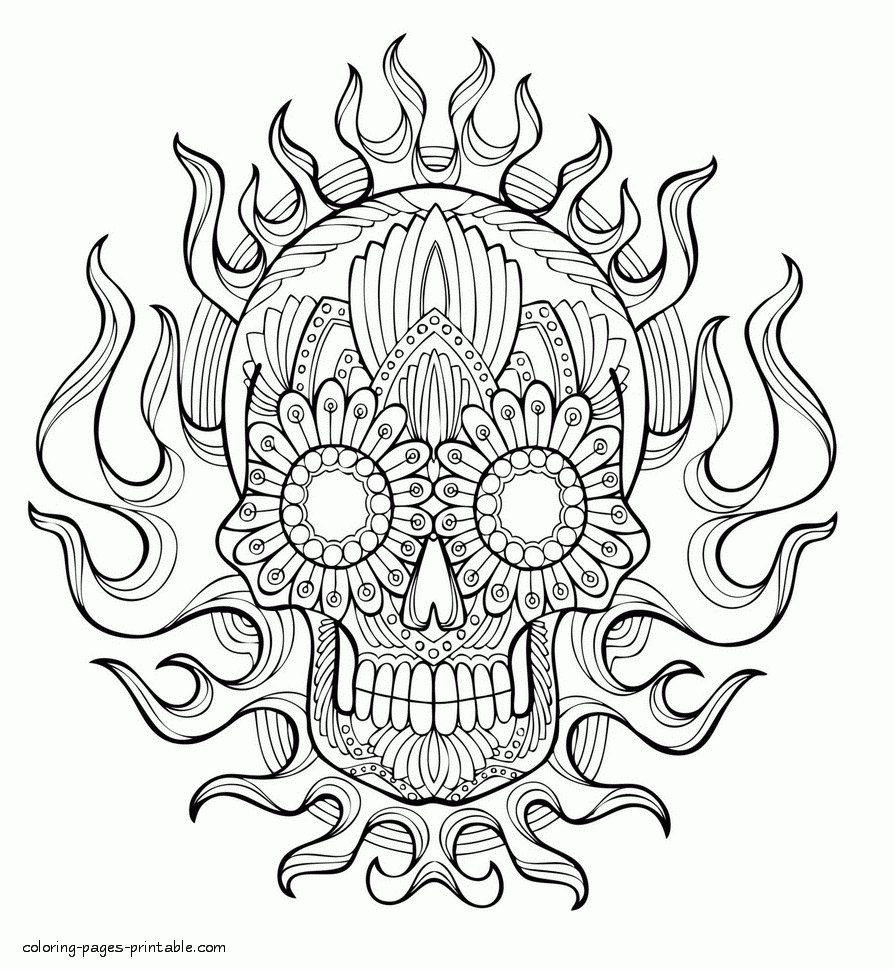 Skull And Flame Coloring Page For Adults COLORING PAGES PRINTABLE COM
