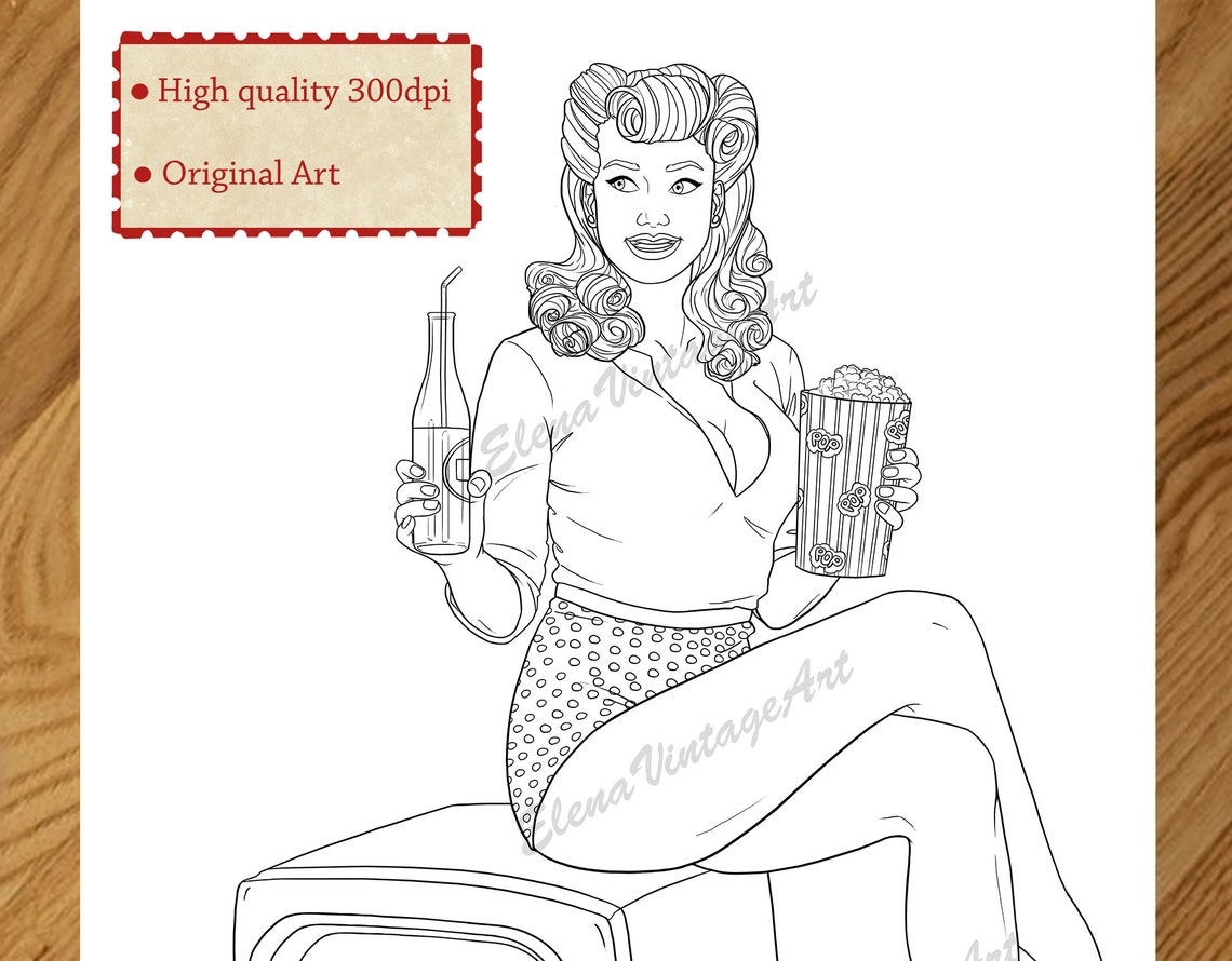 Adult Coloring Page Pin Up Printable Instant Download Pdf Coloring Page Pin Up Coloring Page Pin