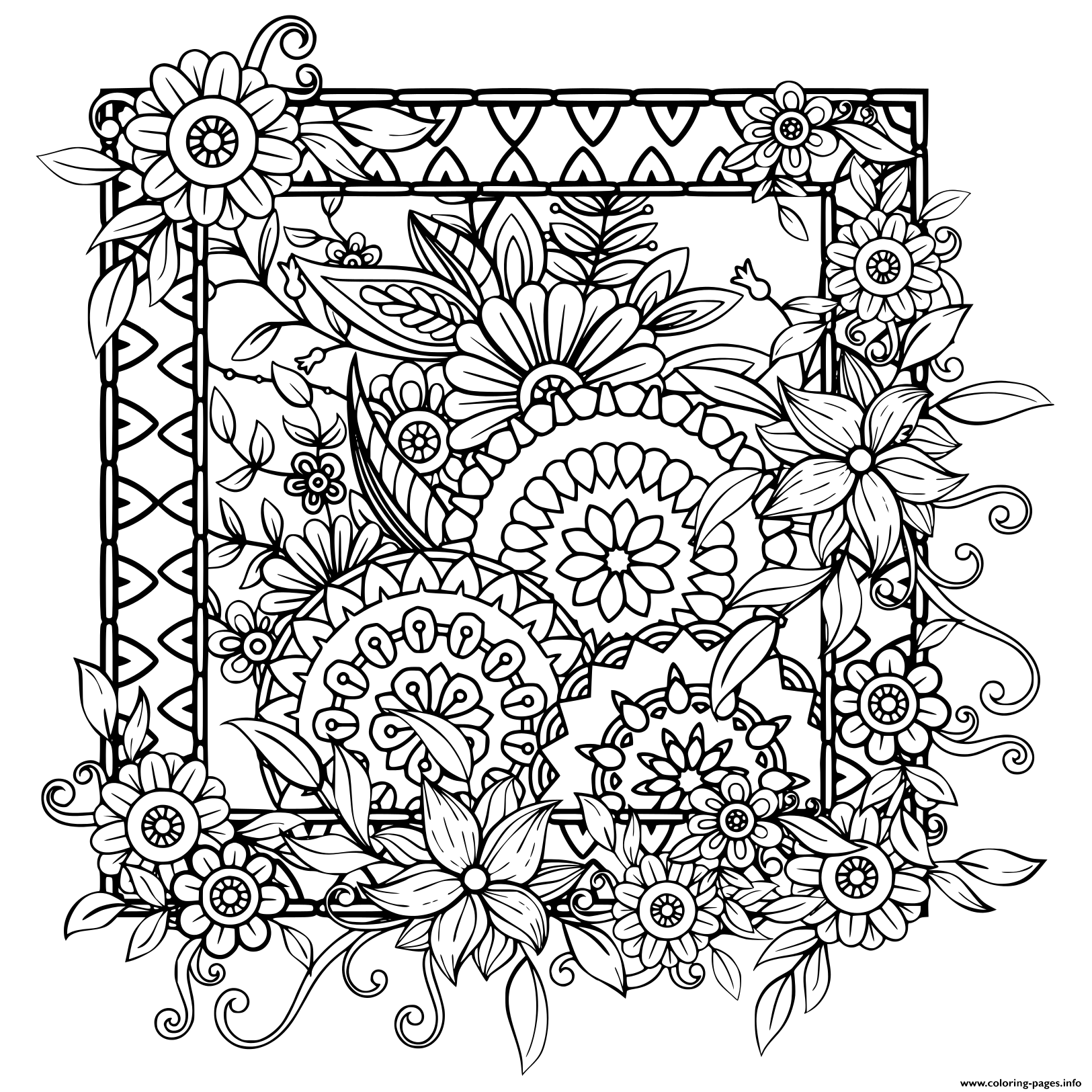 Adult With Flowers Pattern Black And White Doodle Wreath Floral Mandala Bouquet Line Coloring