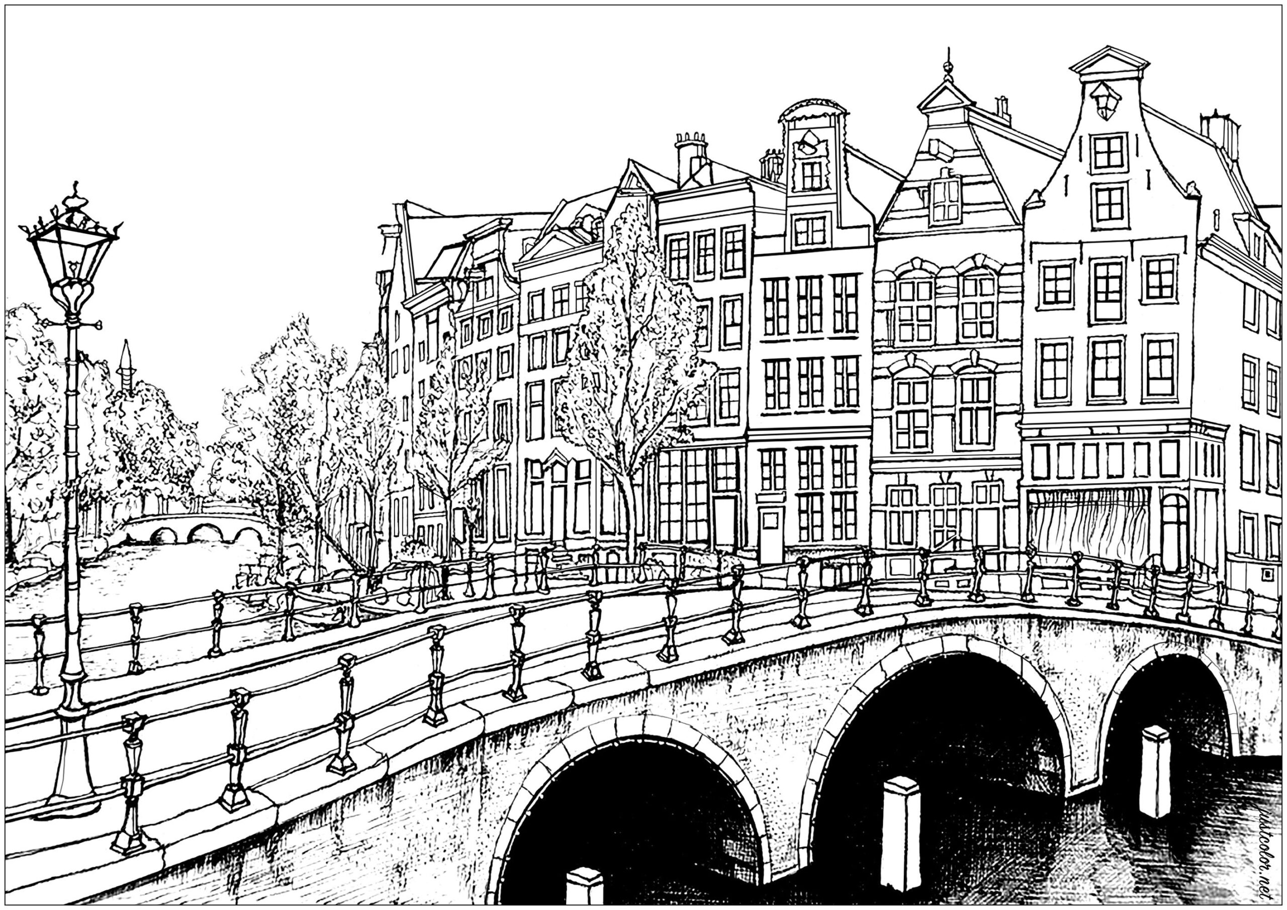 Amsterdam Houses And Bridges Architecture Cities Houses Adult Coloring Pages