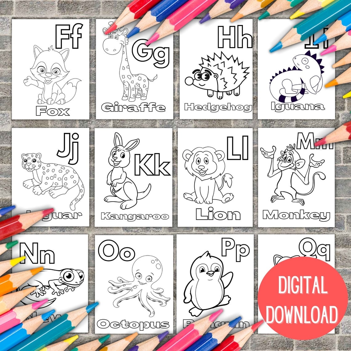 Animal Alphabet Coloring Pages Printable ABC Animal Coloring Etsy
