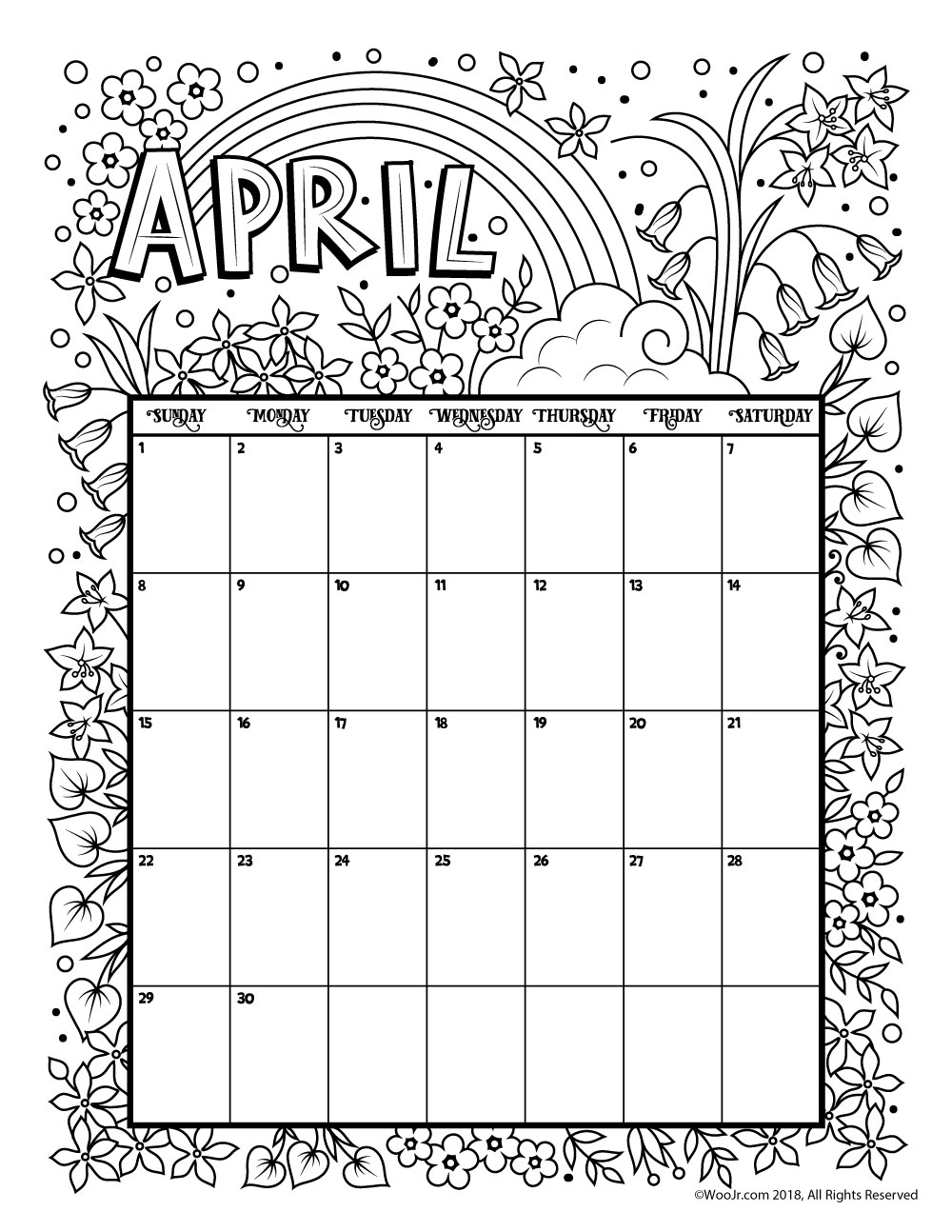 April 2018 Coloring Calendar Page Woo Jr Kids Activities Children S Publishing