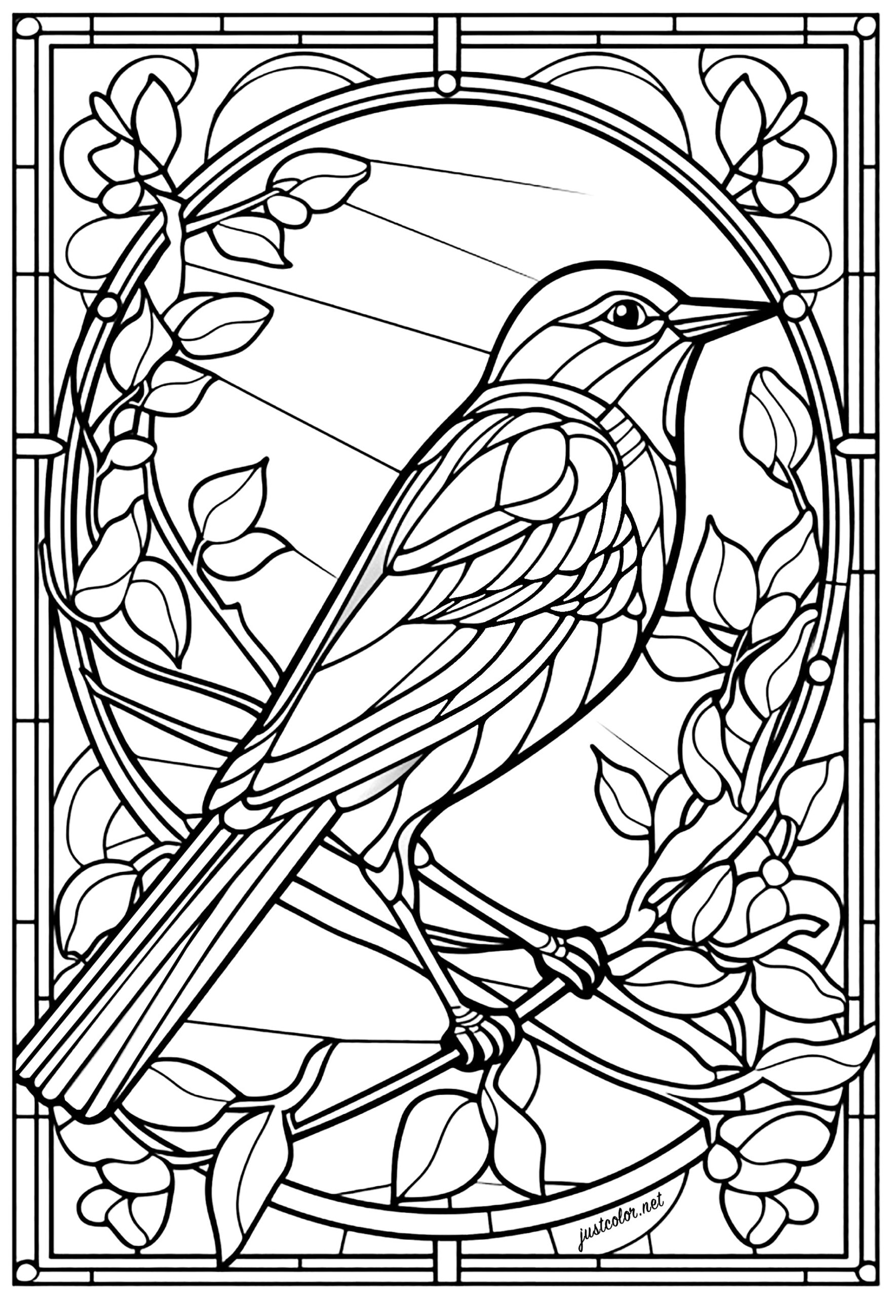 Beautiful Bird And Flowers In A Stained Glass Window Stained Glass Adult Coloring Pages Page