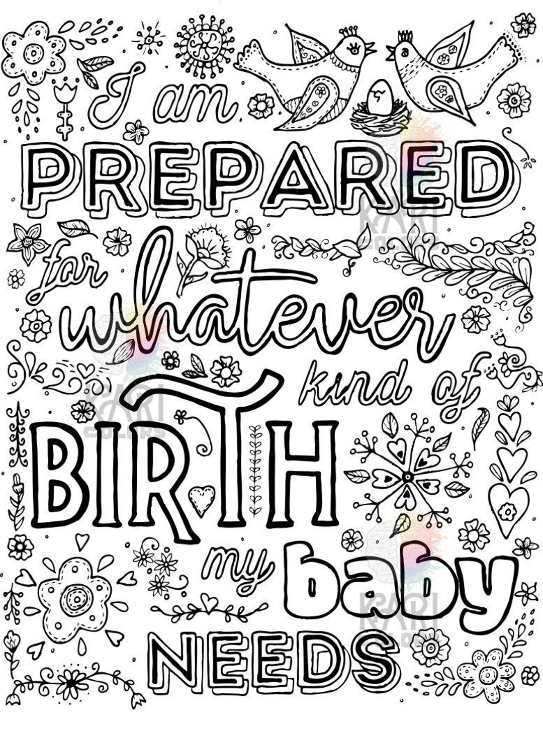 Birth Affirmations Printable Adult Coloring Book Page Instant Digital Download I Am Prepared For