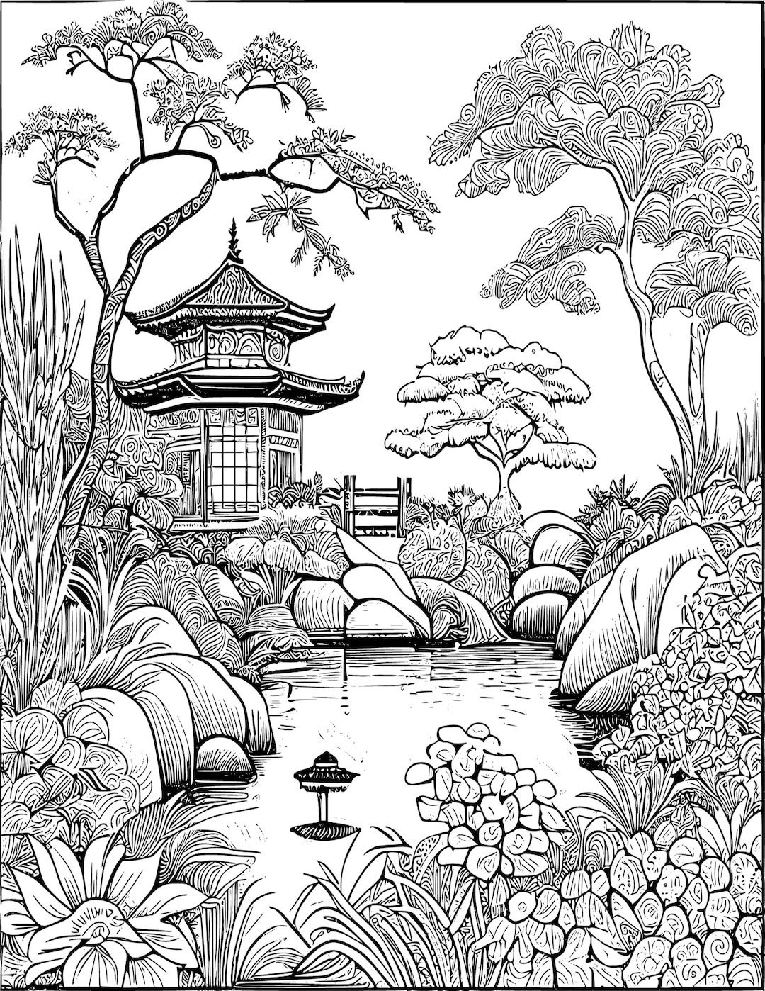 Book1 25 Adult Grayscale Coloring Pages Japanese Garden Adult Printable Book Digital Download