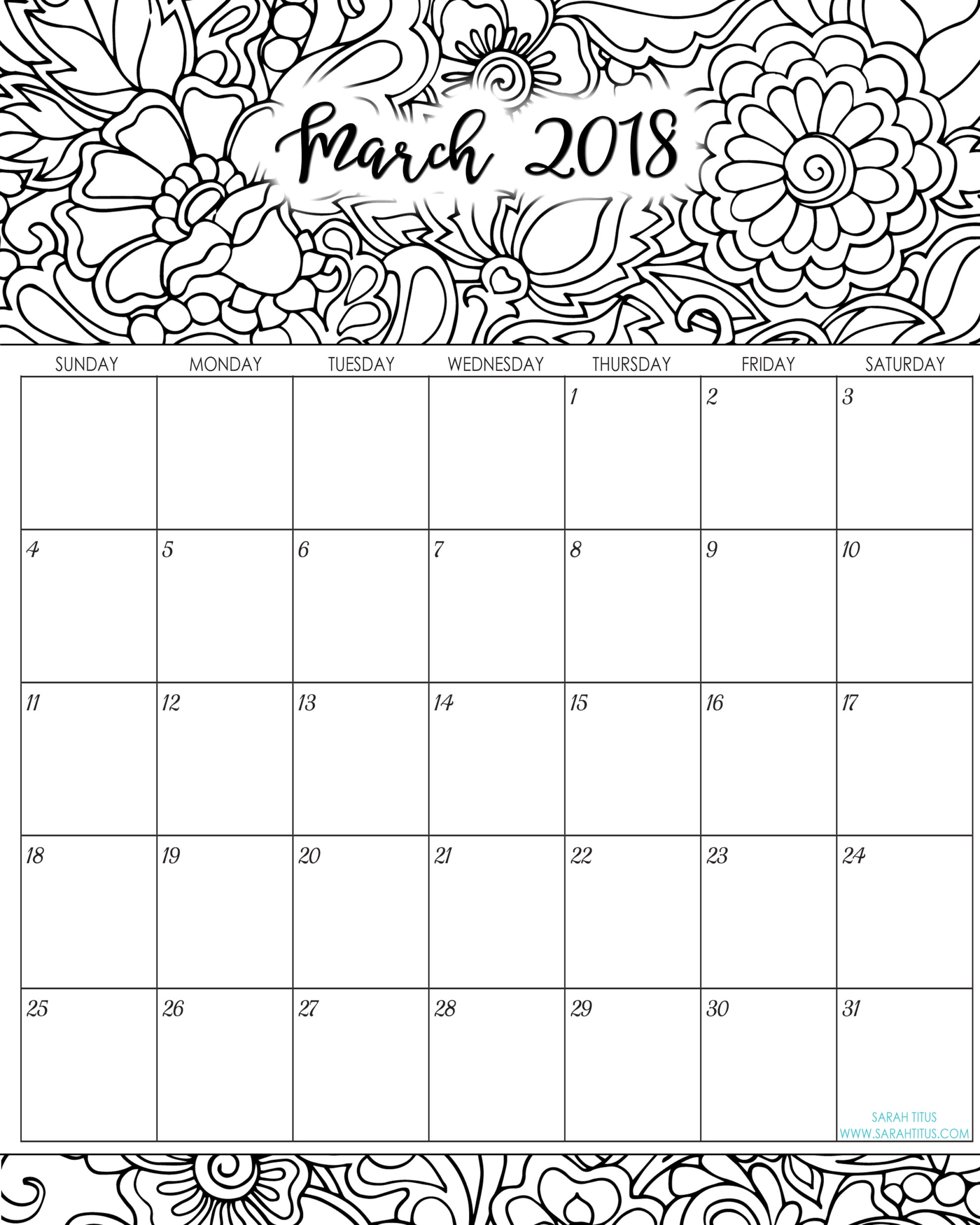 Printable 2018 Calendar Coloring Pages