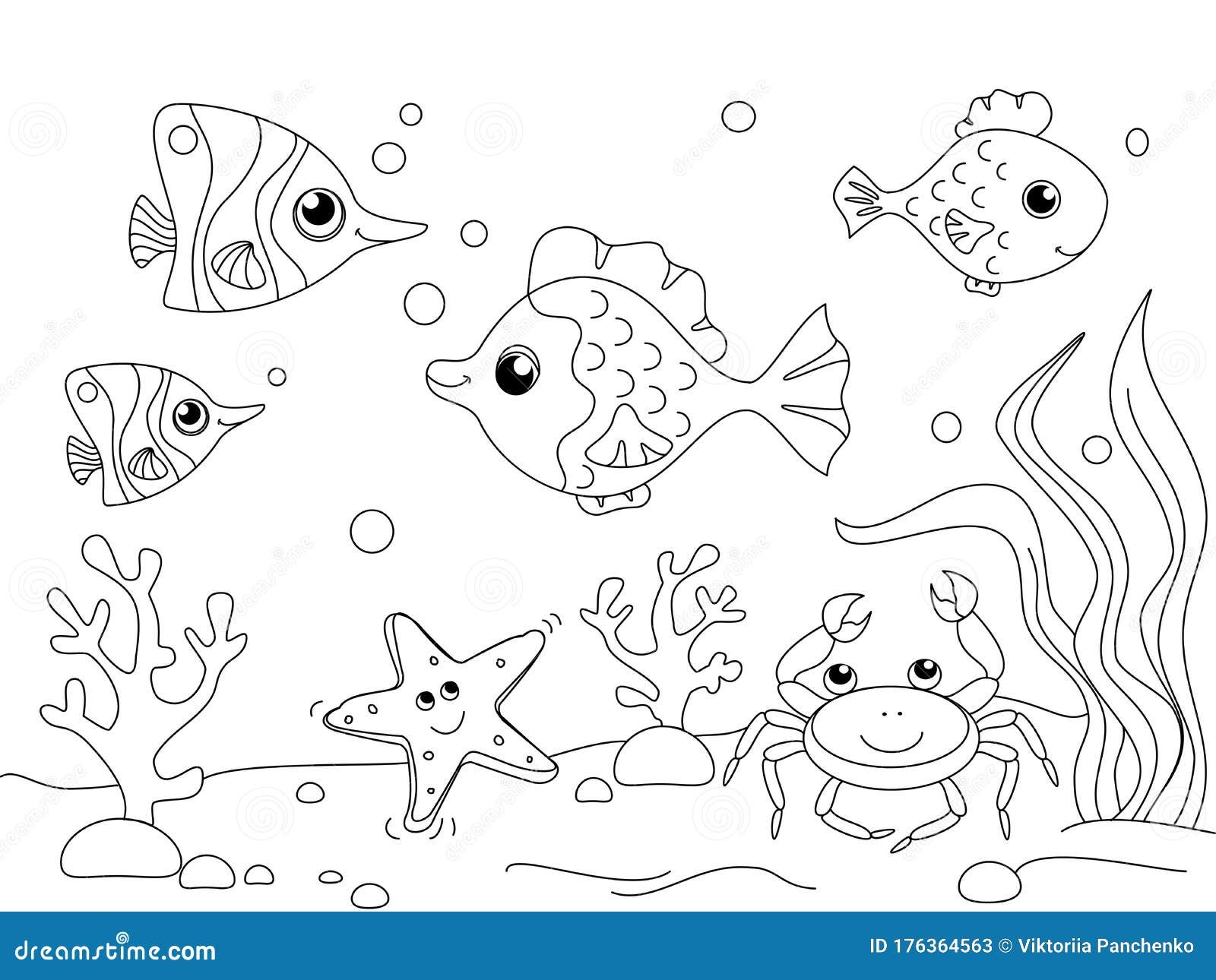 Children Coloring The Underwater World The Bottom Of The Ocean Sea Inhabitants Fish Stock