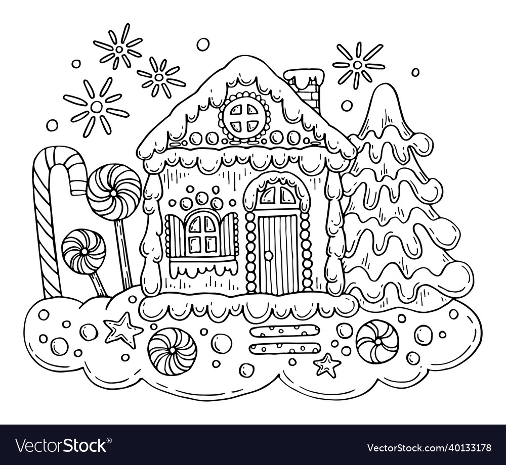 Christmas Gingerbread House Coloring Page Vector Image