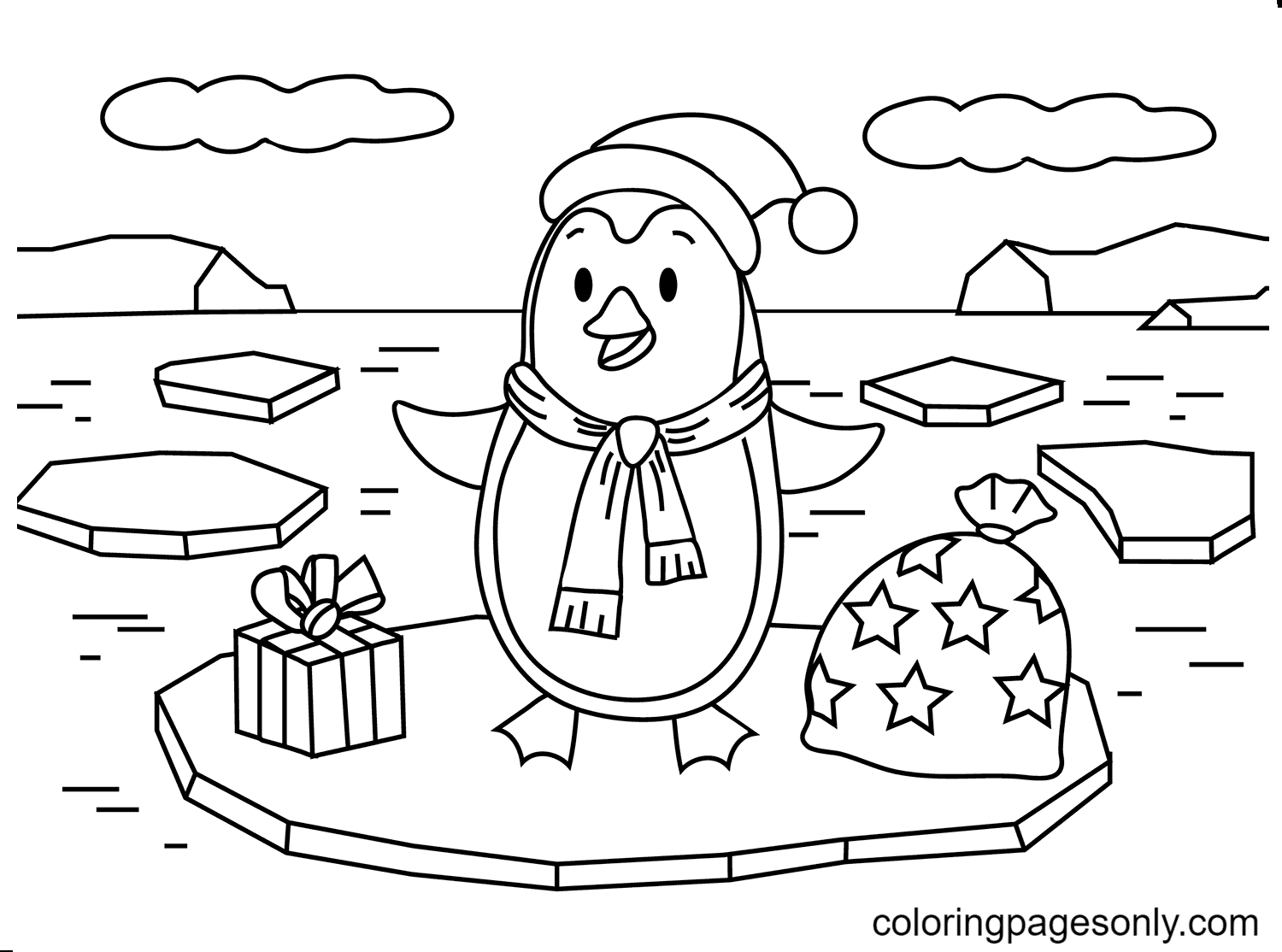 Christmas Penguin Coloring Page