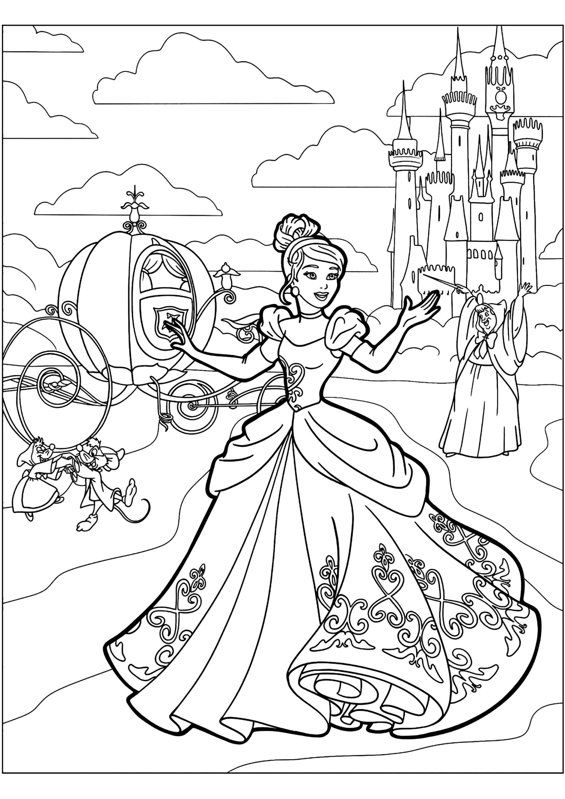 Cinderella Coloring Page With The Prince S Castle In The Background And The Fairy Godmother