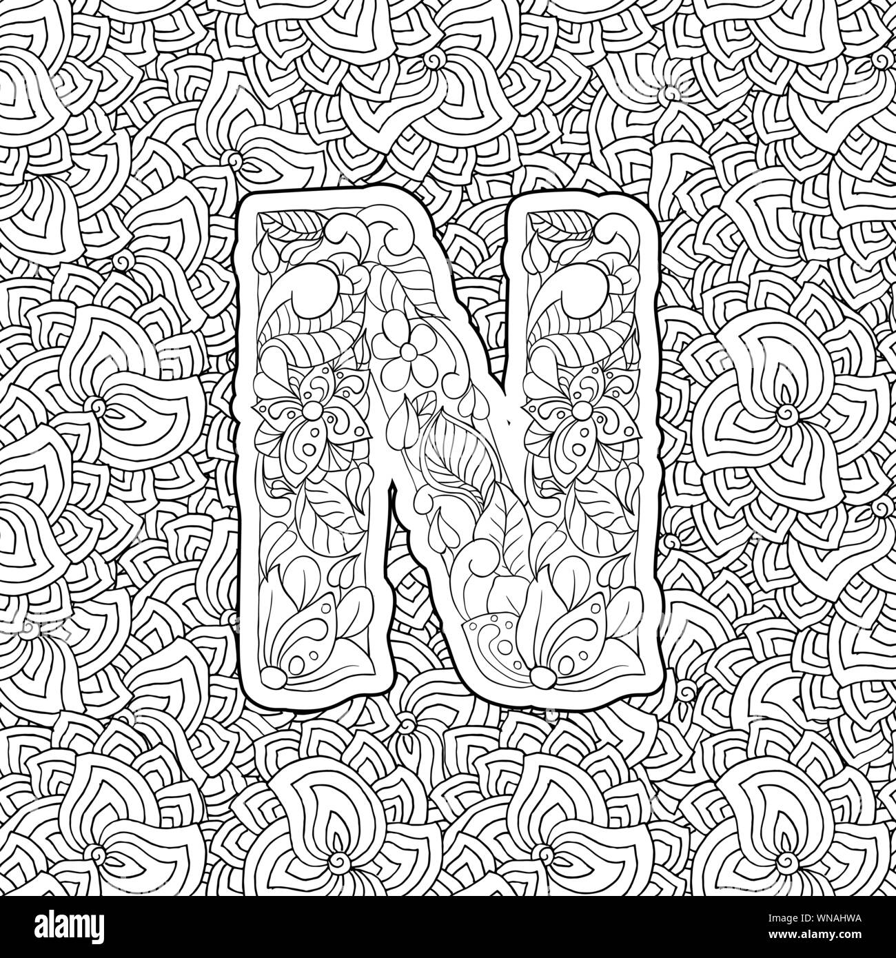 Coloring Book Floral Ornamental Alphabet Initial Letter N Font Vector Typography Symbol