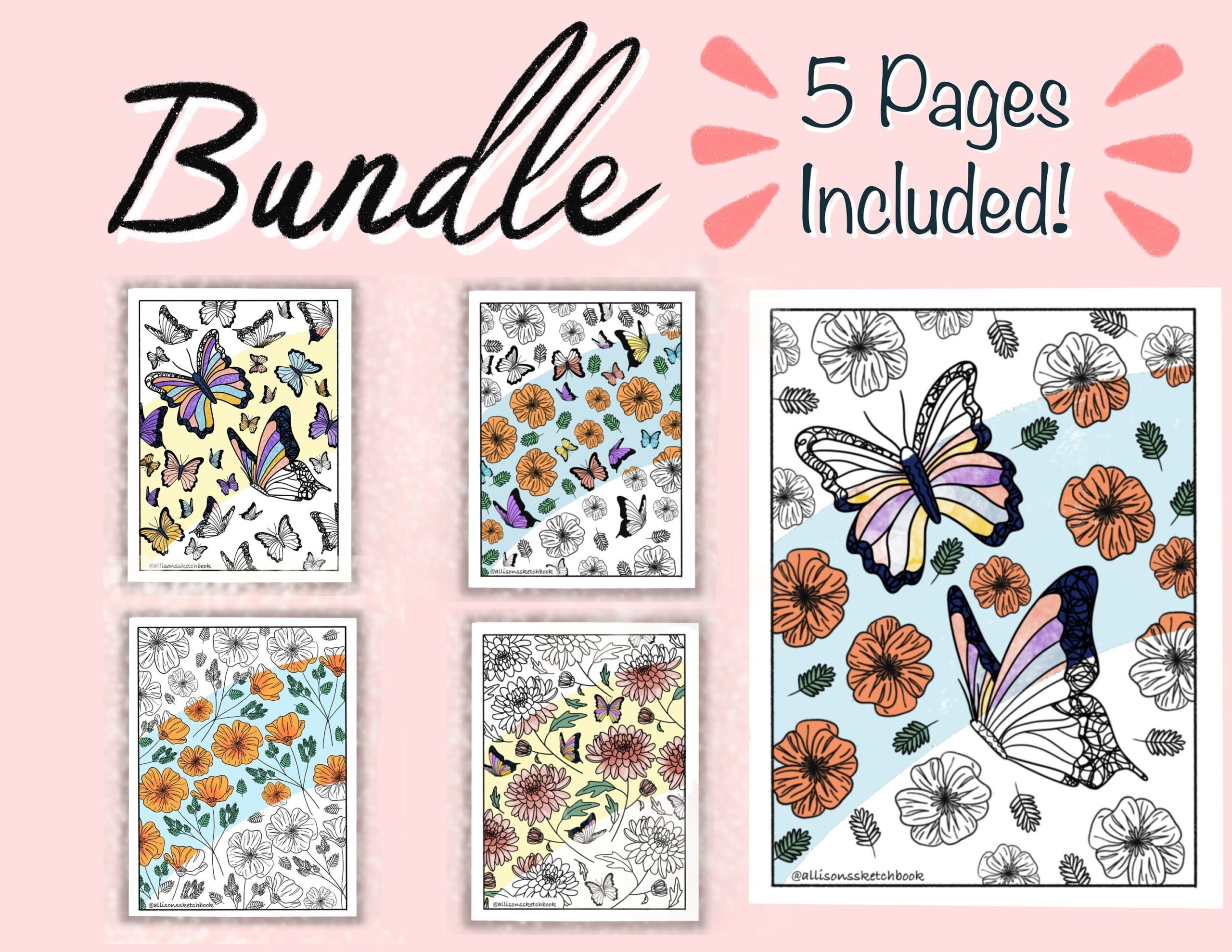 Coloring Page Bundle Set Of 5 Great For Kids Adults Etsy