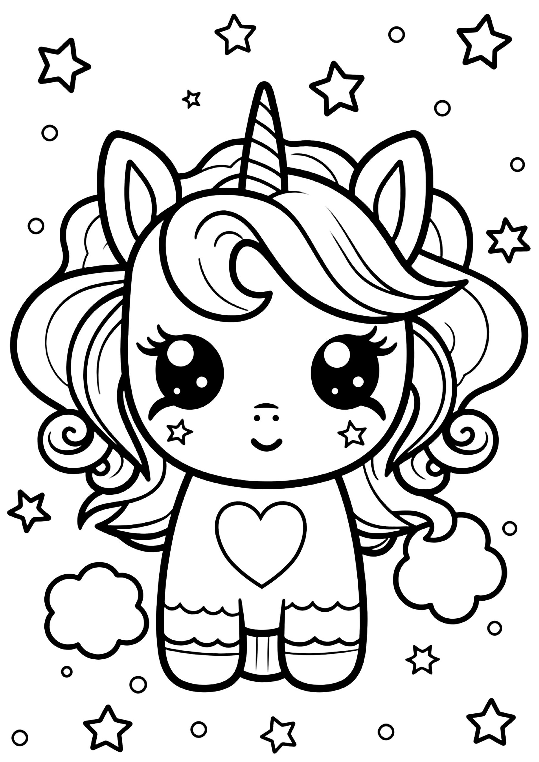 Cute Kawaii Unicorn With Stars Around Her Unicorn Coloring Pages For Kids Page Page 2 Image
