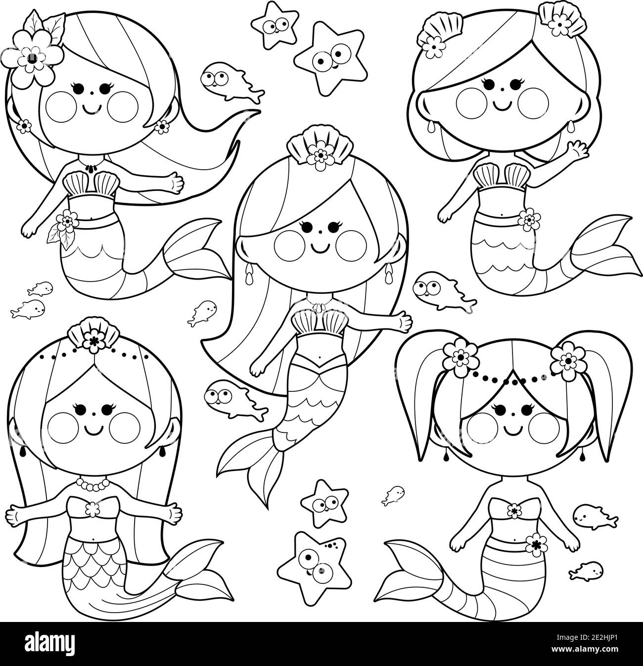 Cute Mermaids Vector Illustration Set Vector Black And White Coloring Page Stock Vector Image