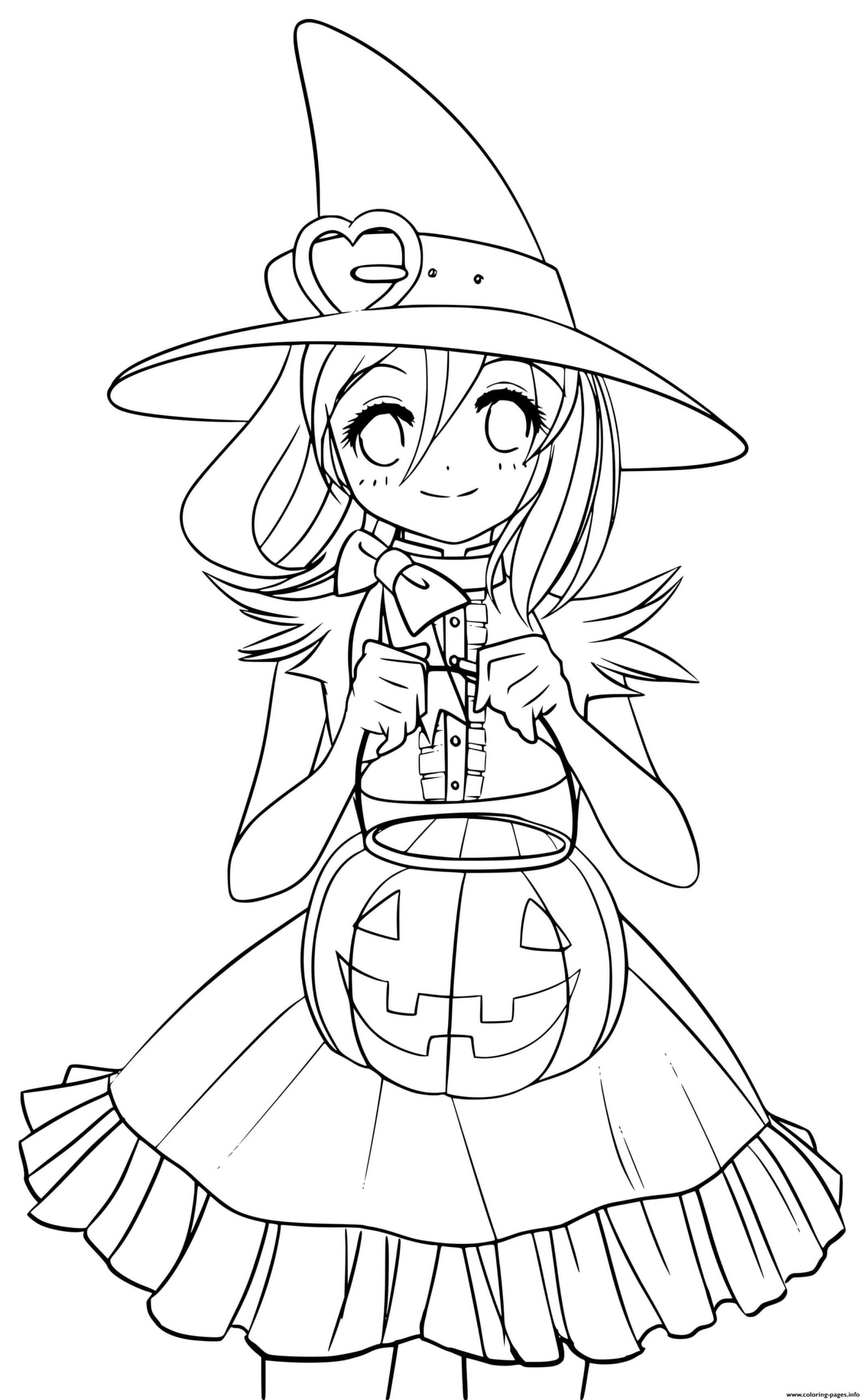 Cute Princess Witch With A Pumpkin In Autumn Coloring Page Printable