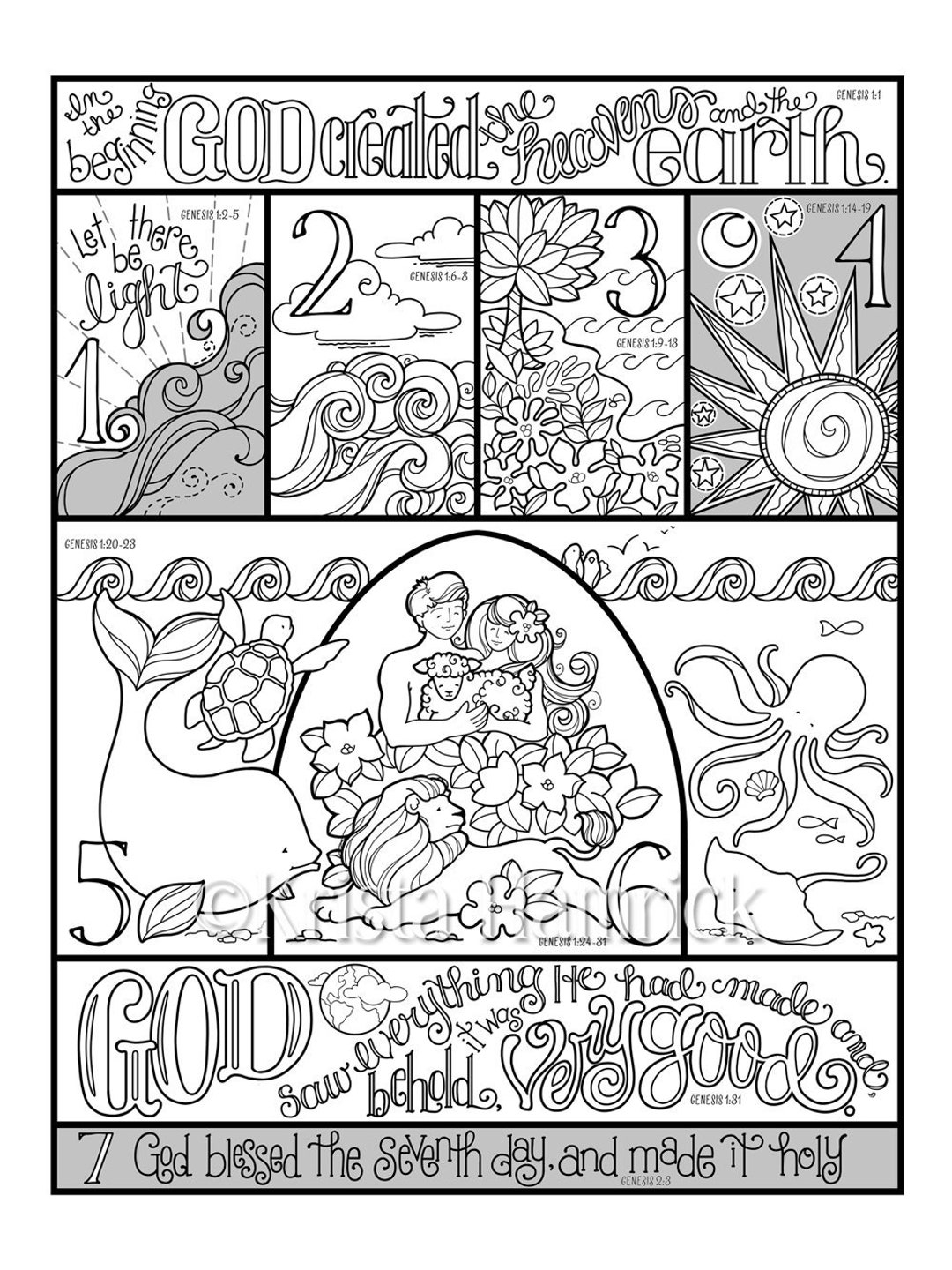 Days Of Creation Coloring Page In Three Sizes 8 5X11 8X10 Suitable For Framing 6X8 For Bible
