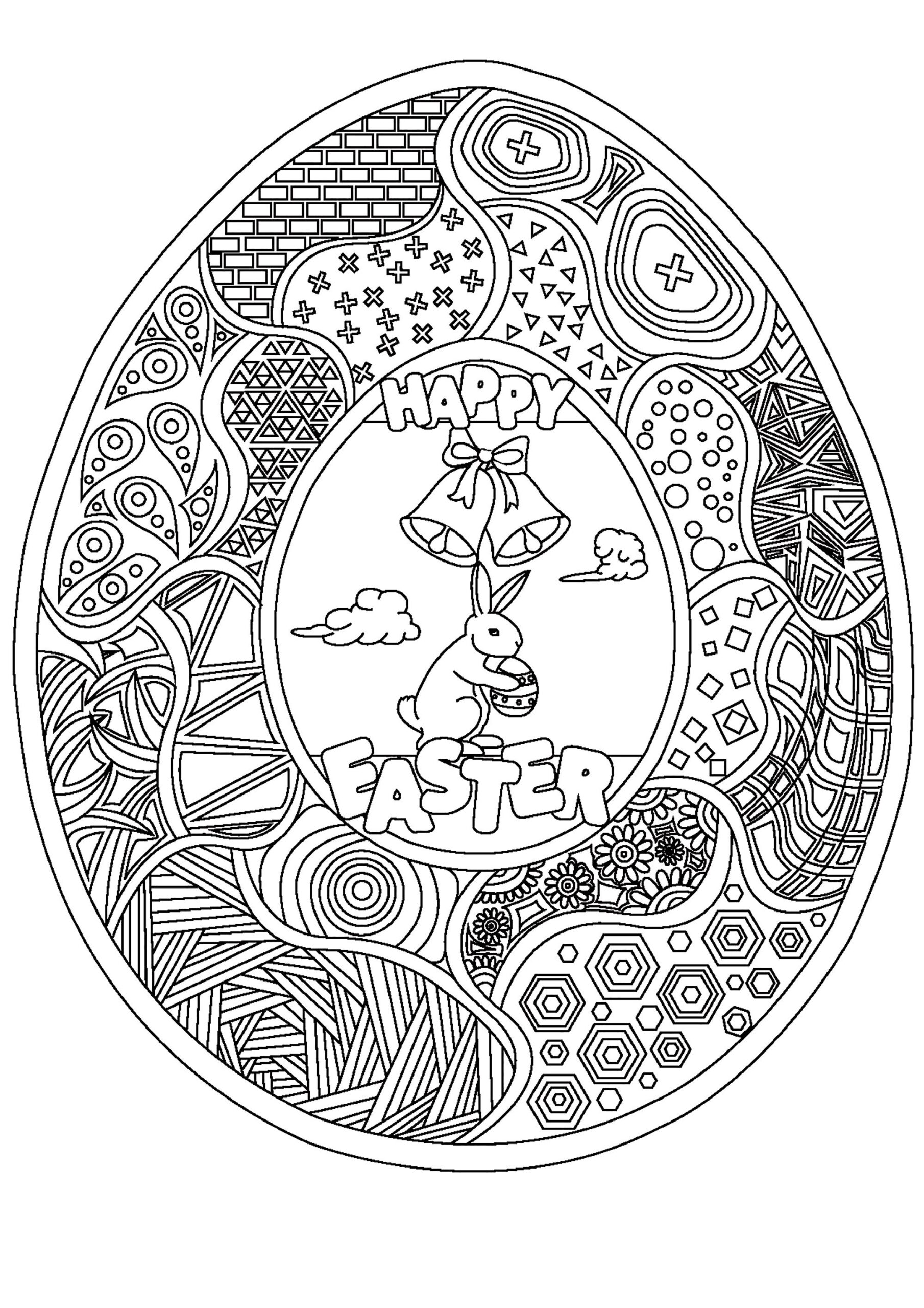 Easter Egg Rabbit And Bells Easter Coloring Pages For Adults