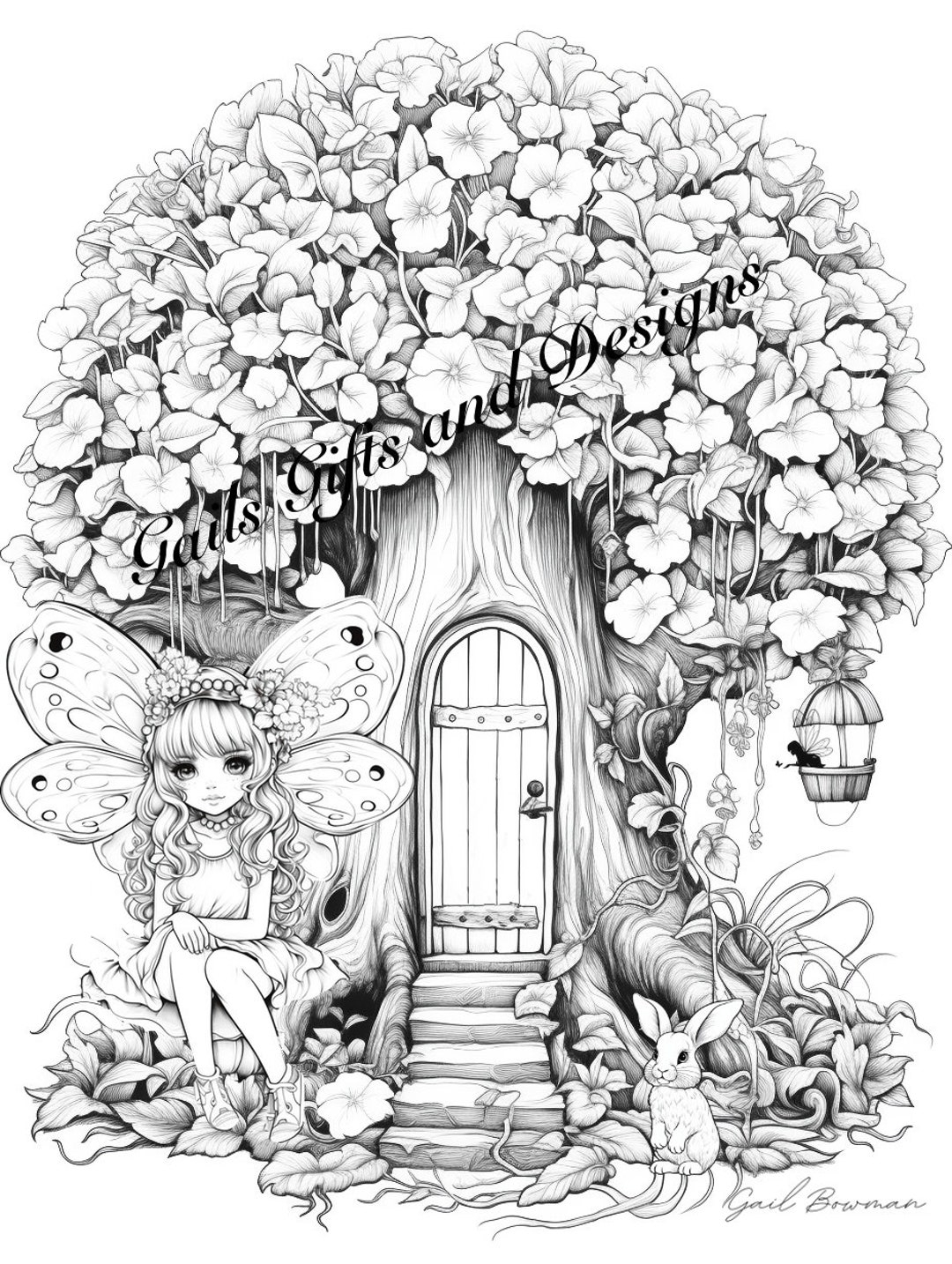 Fairy With Tree House Coloring Page For Adults Downloadable File Book Three Amazing Fairy