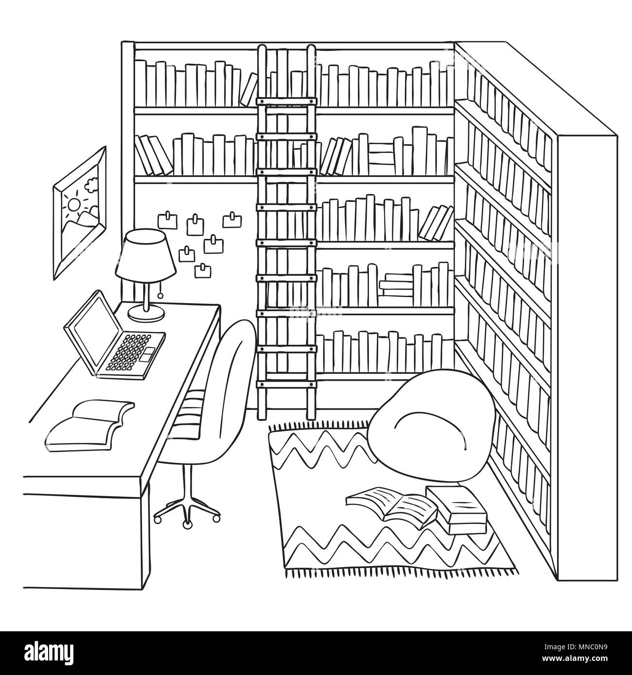 Hand Drawn Study Or Library Room For Design Element And Coloring Book Page Vector Illustration