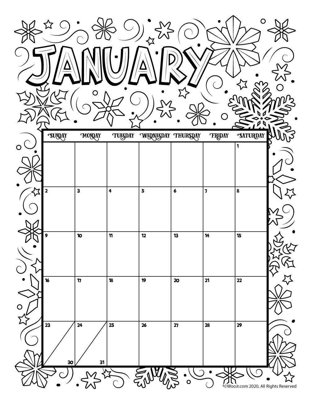Printable Monthly Calendar Coloring Pages