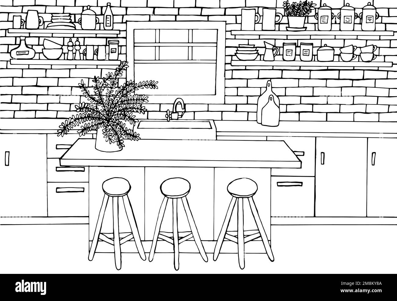 Kitchen Interior Coloring Page Stock Vector Image Art Alamy