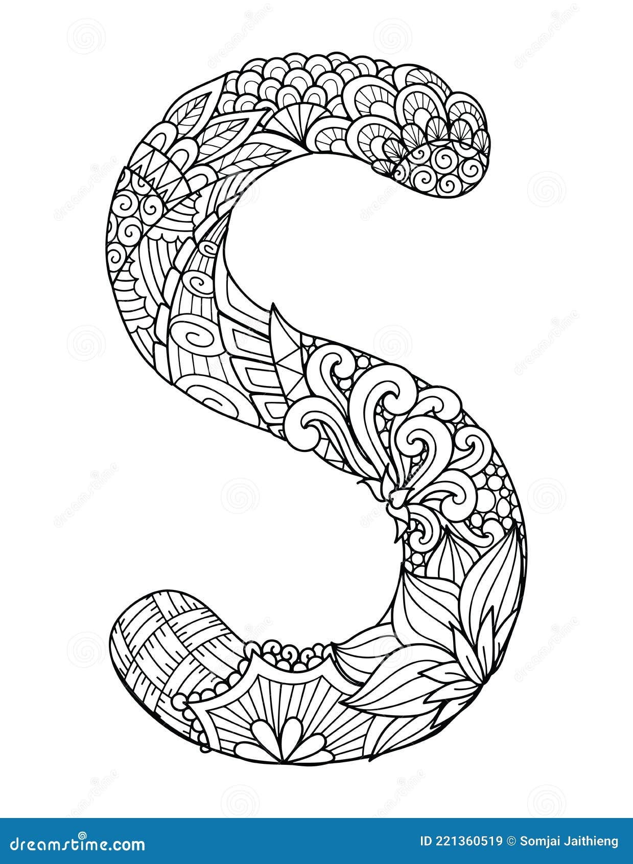 Mandala Letter S Monogram Adult Coloring Book Engraving Design Vector Illustration Stock