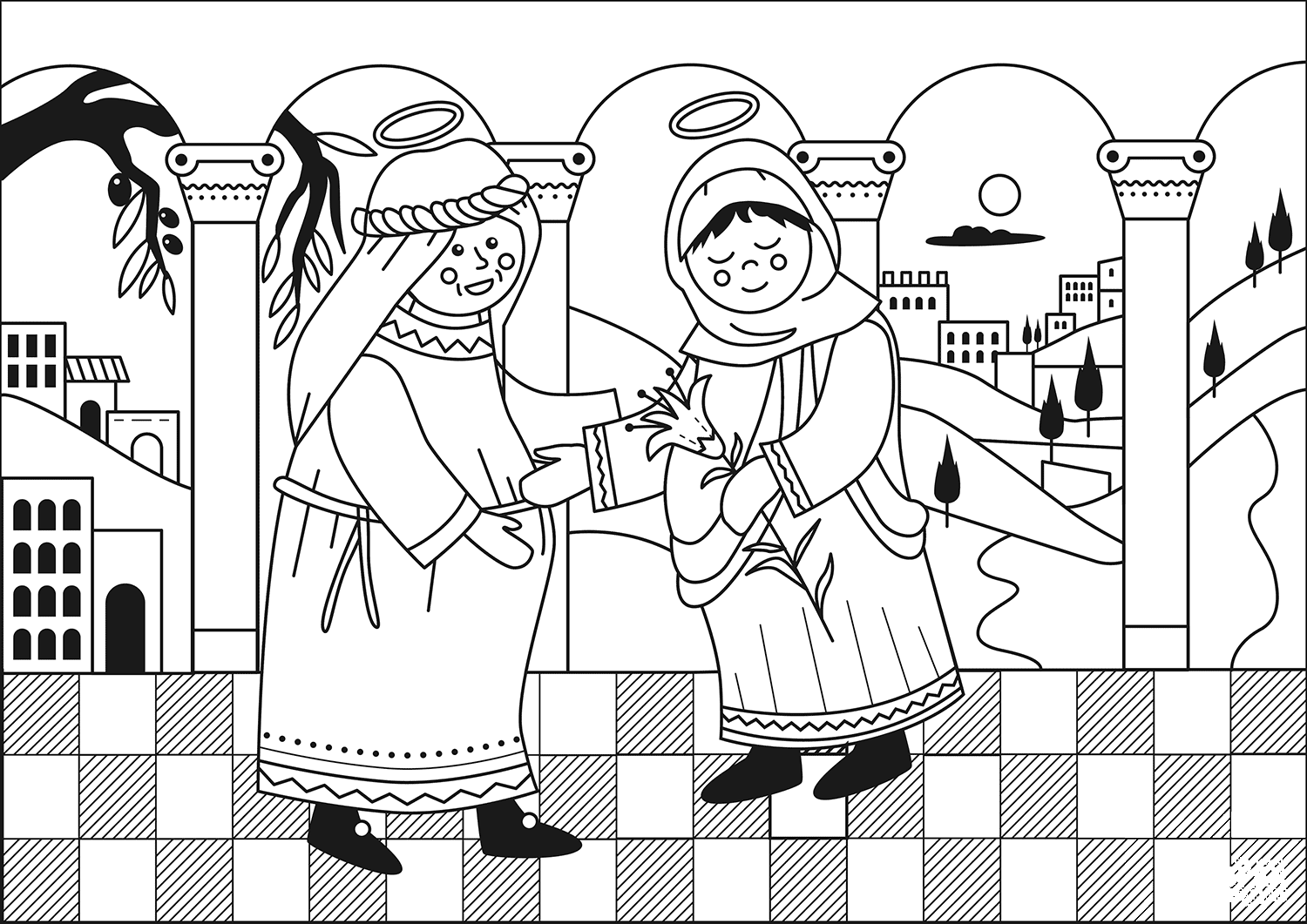 Mary Visits Elizabeth Coloring Page ColouringPages