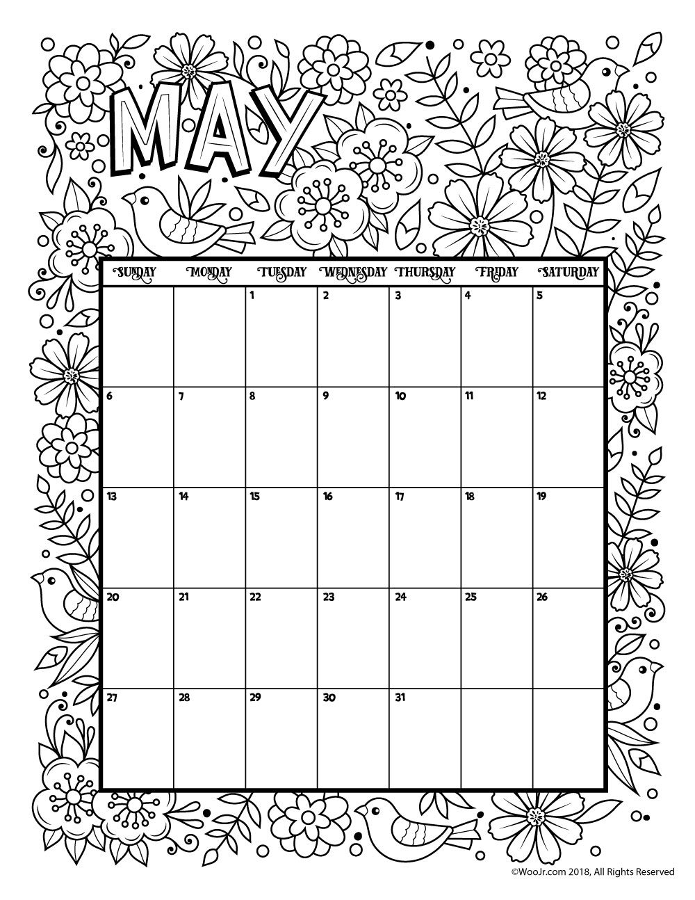 May 2018 Coloring Calendar Page Woo Jr Kids Activities