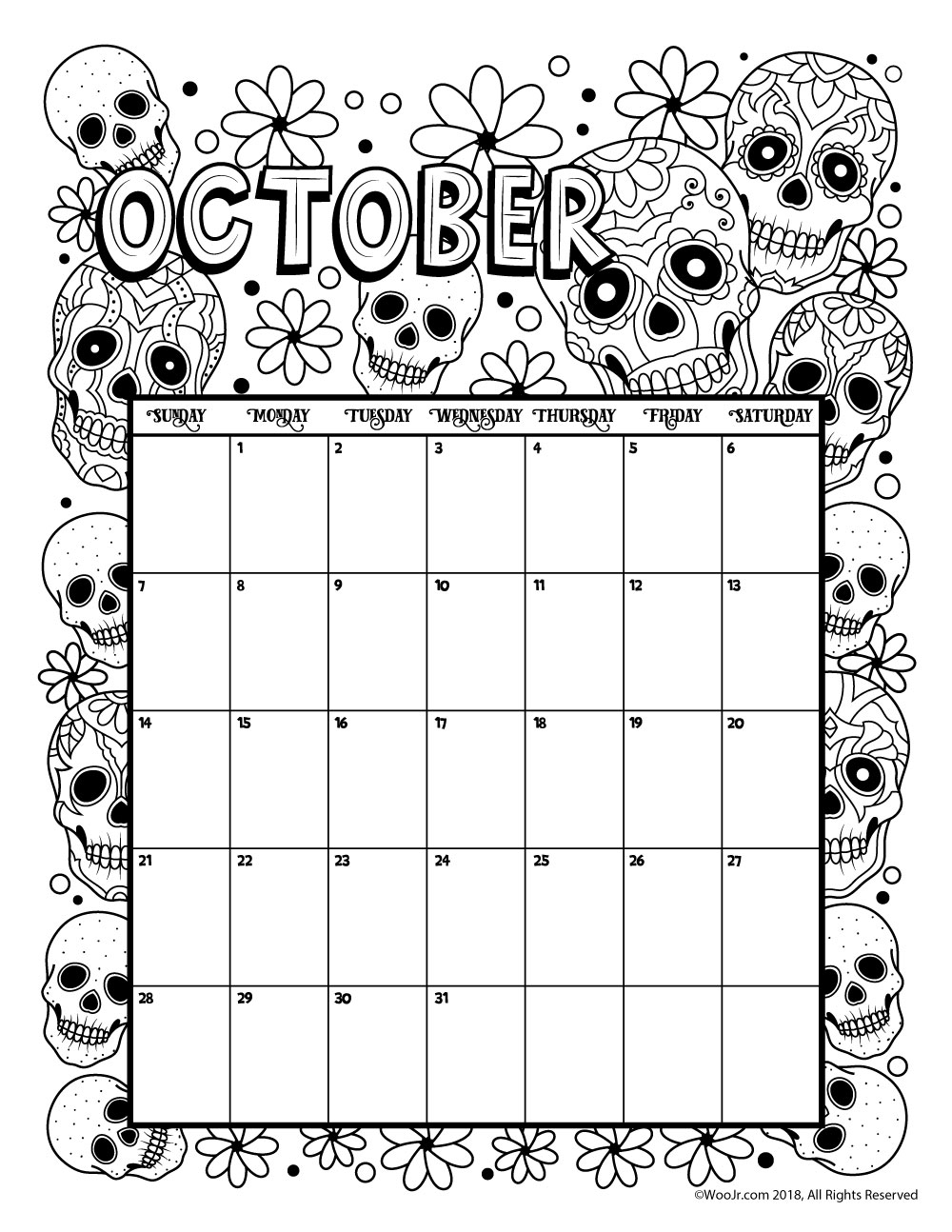 October 2018 Coloring Calendar Page Woo Jr Kids Activities Children S Publishing