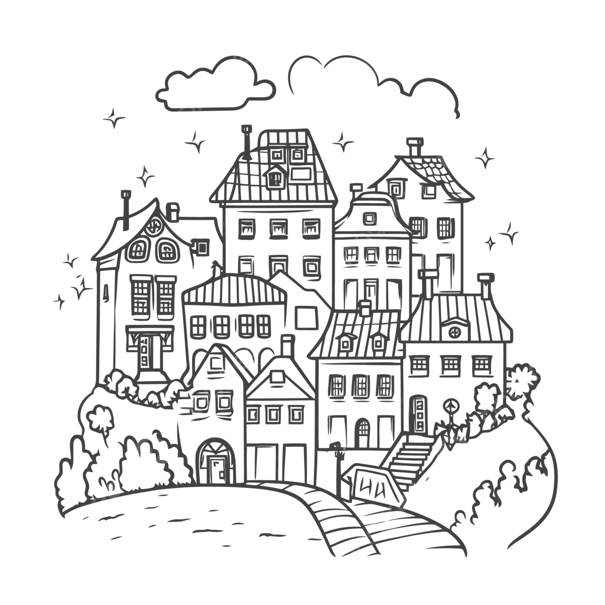 Old Town Coloring Pages Free Printable Cute City Coloring Outline Sketch Drawing Vector Europe