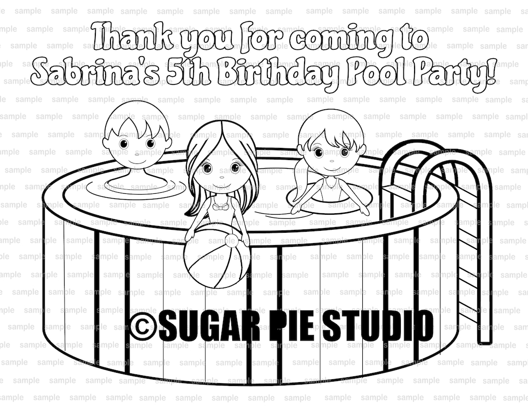 Personalized Pool Party Coloring Page Birthday Party Favor Colouring Activity Sheet Personalized