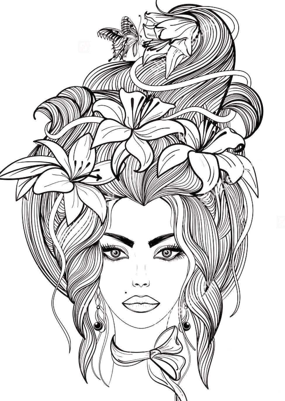 Portrait Of A Girl With Lily Flowers And Butterfly In Her Long Hair Coloring Page Valentine