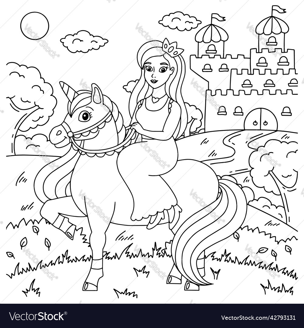 Princess Is Riding A Unicorn Coloring Book Page Vector Image