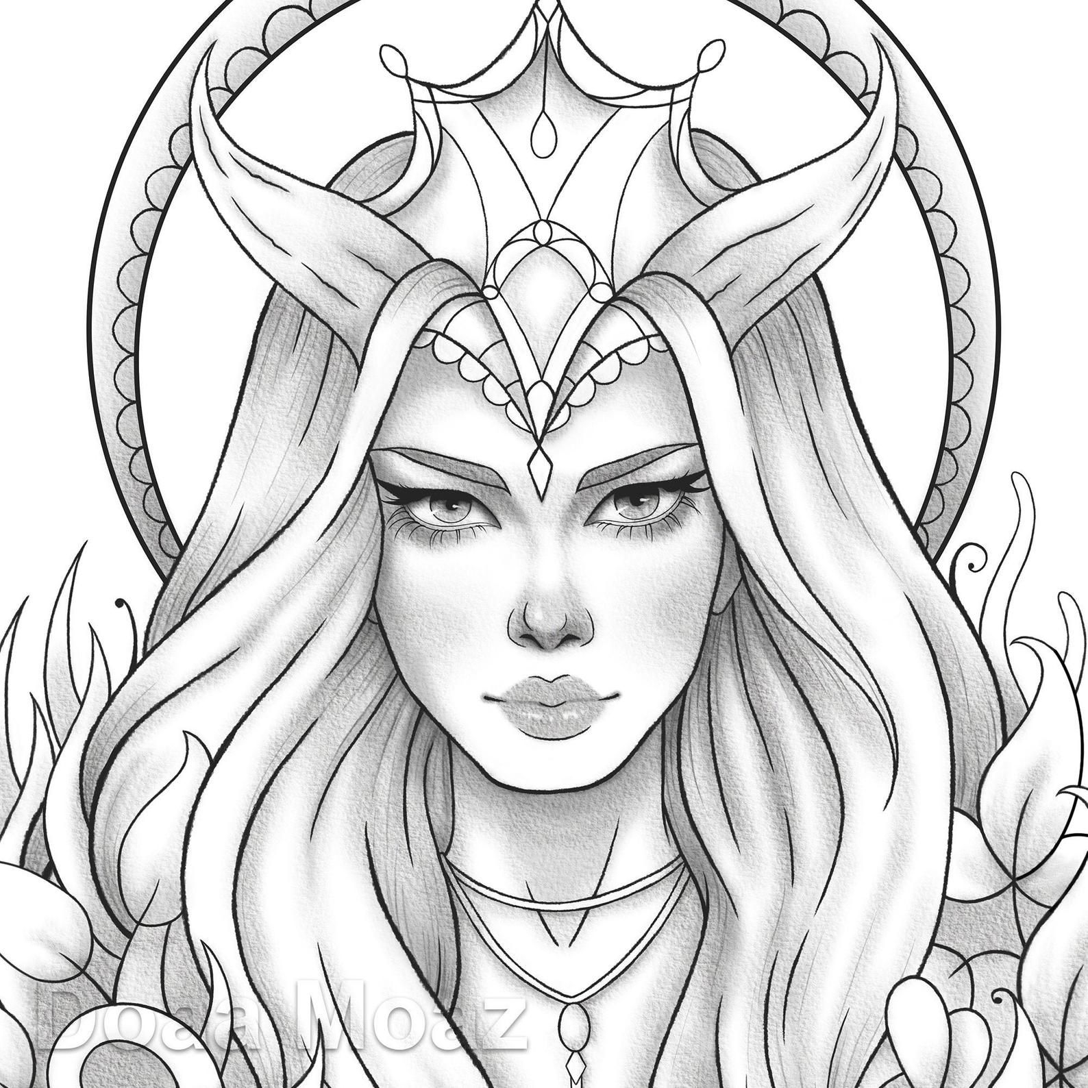 Printable Coloring Page Fantasy Girl Portrait Etsy Fantasy Girl Detailed Coloring Pages