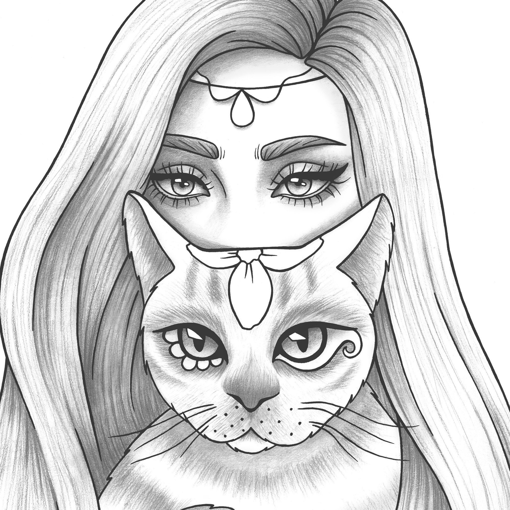 Printable Coloring Page Girl Portrait And Cat Colouring Sheet Etsy Australia