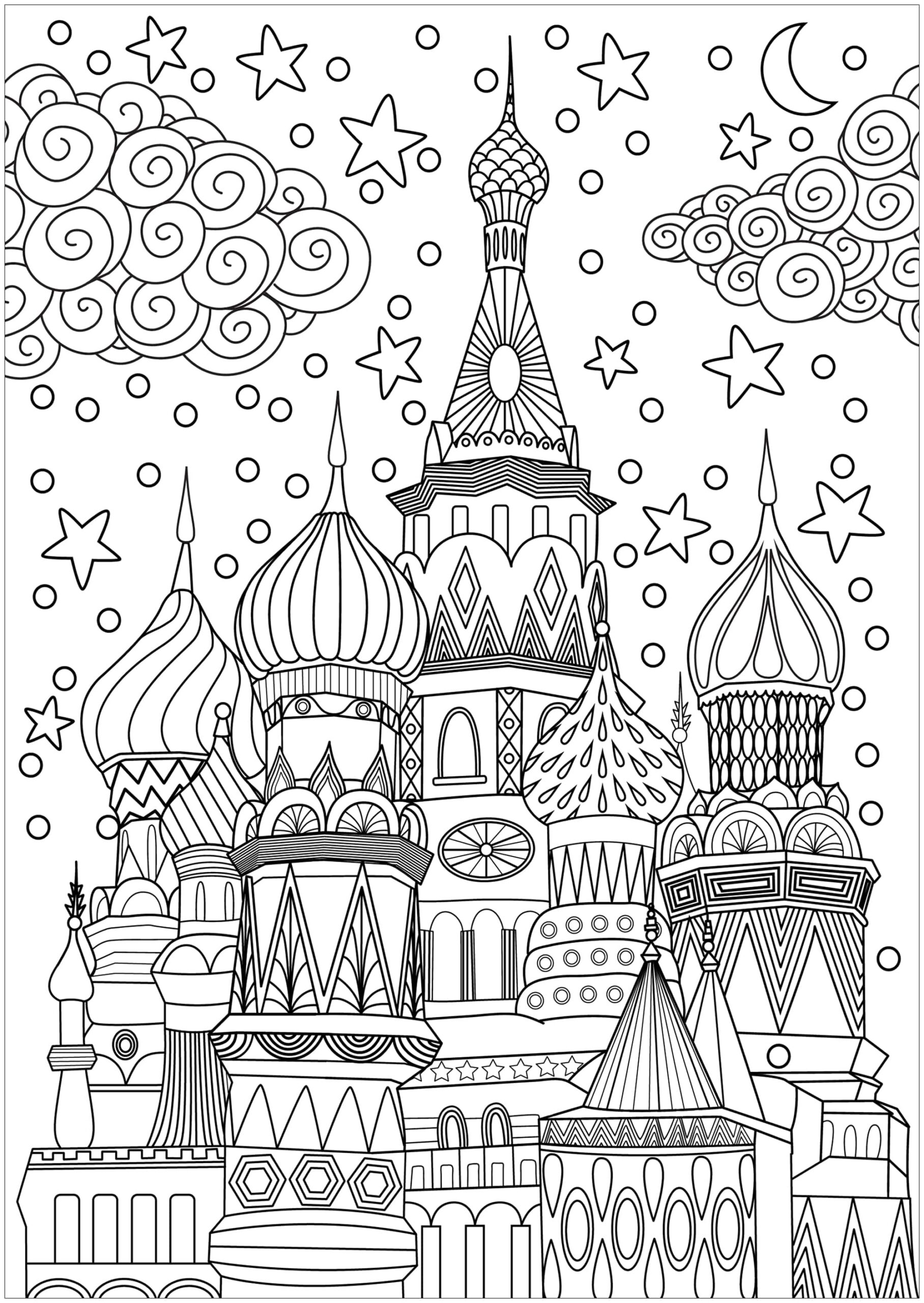 Red Square In Moscow With Sky Full Of Stars Architecture Cities And Houses Coloring Pages