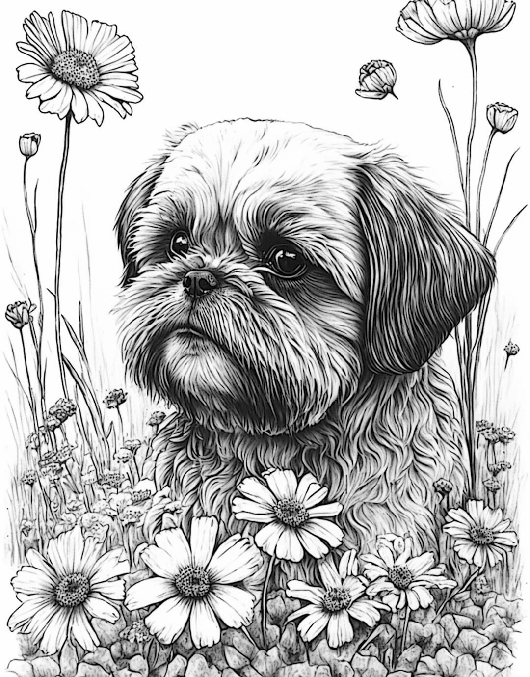 Shih Tzu Adult Coloring Sheet AI Generated Coloring Page Of A Shih Tsu Dog With Flowers