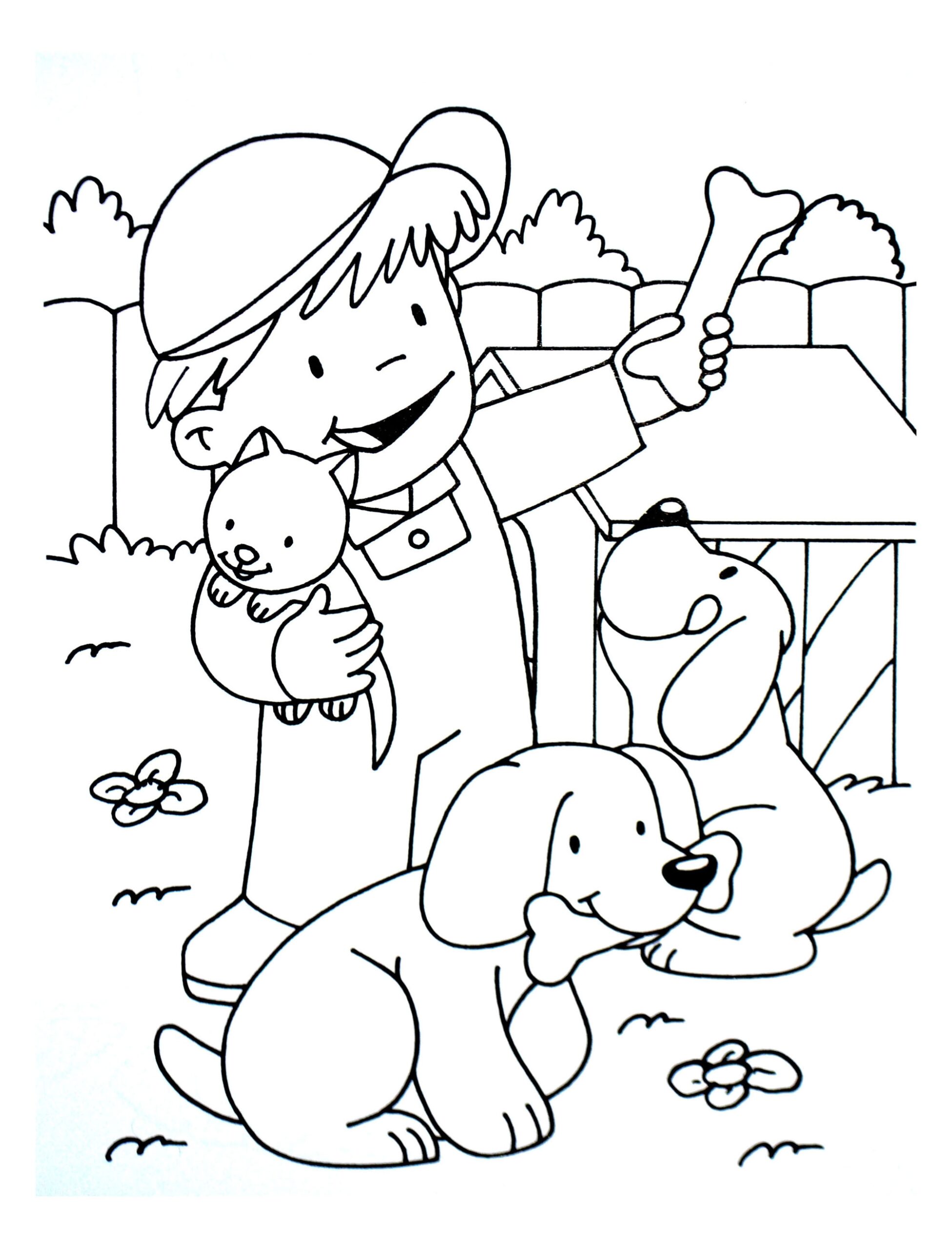 Small Farmer With His Cat And Dogs Farm Coloring Pages For Kids