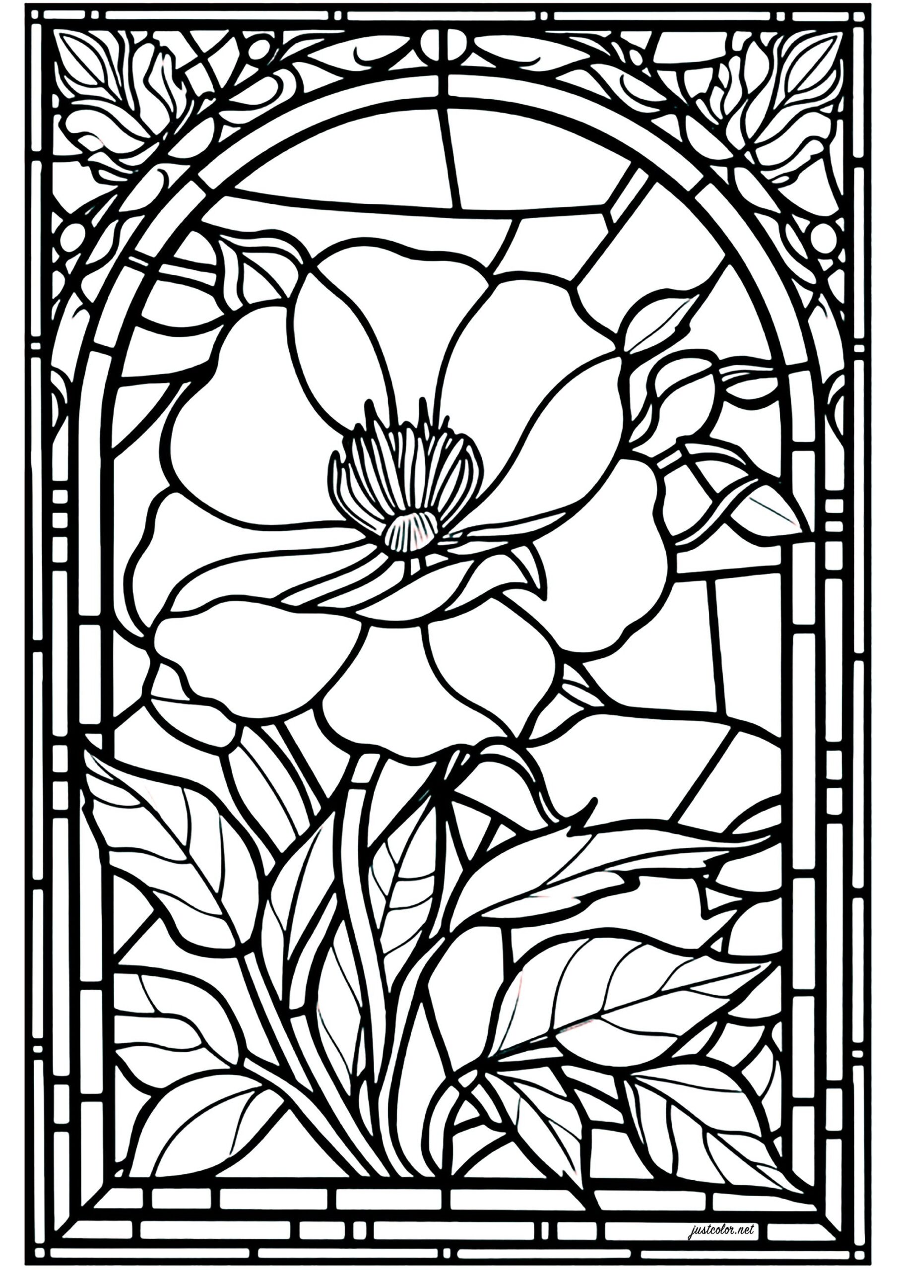 Stained Glass Flower 3 Stained Glass Coloring Pages For Adults