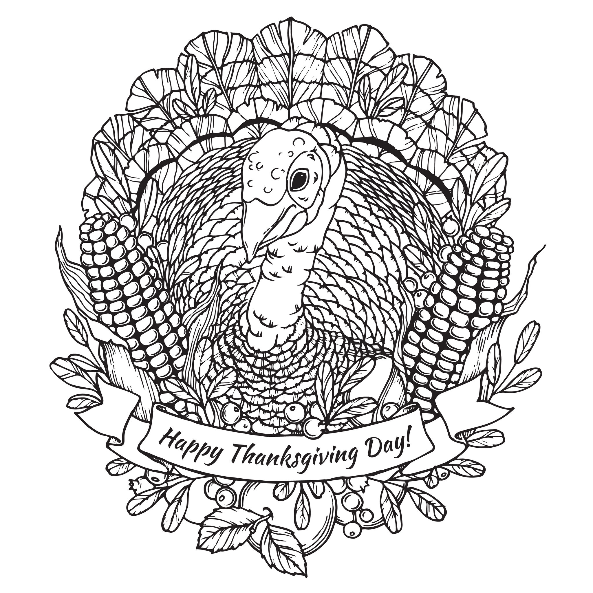 Thanksgiving Day Coloring Page With Turkey Vegetables Corn And Fruits Thanksgiving Coloring