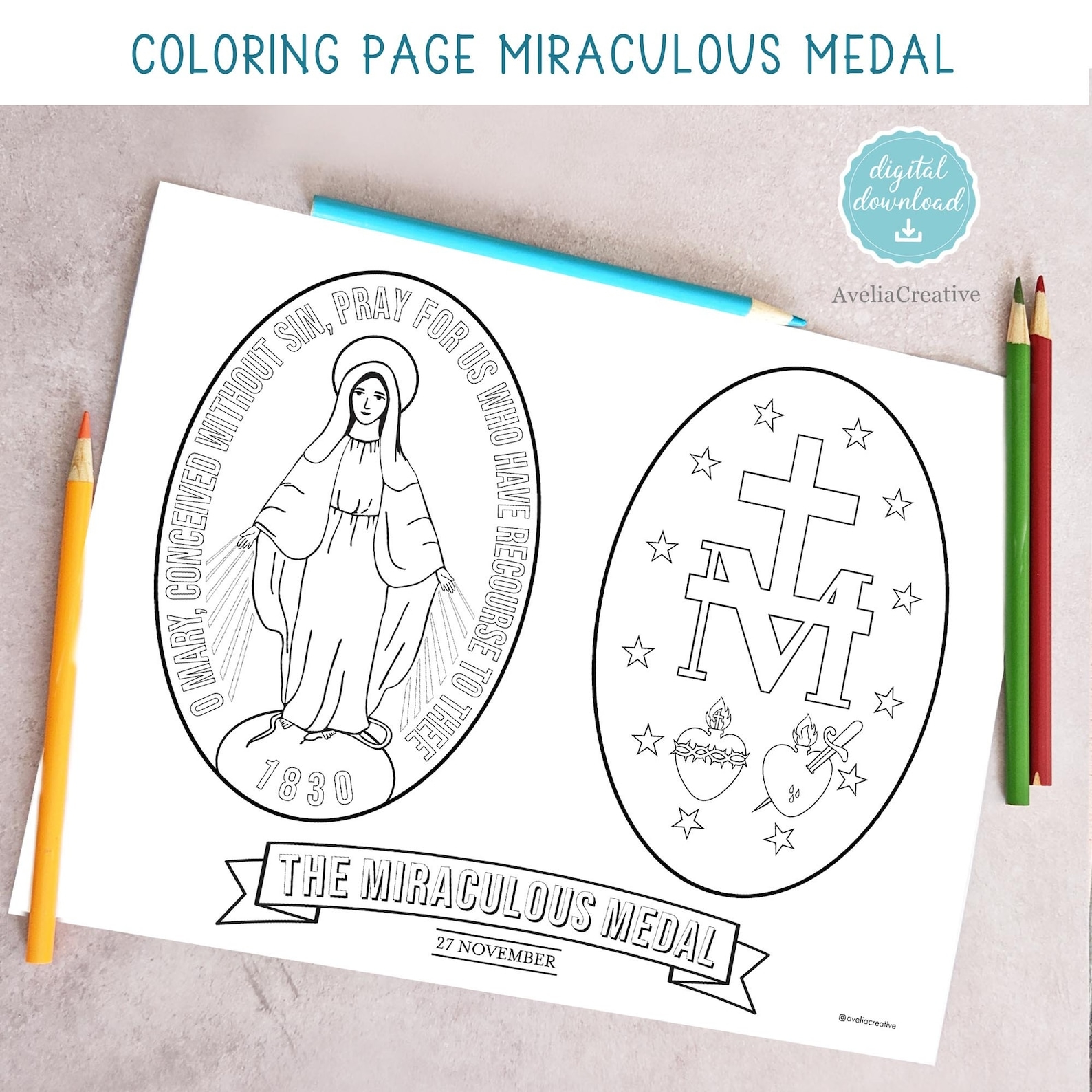 The Miraculous Medal Coloring Page Instant Download Printable Catholic Miraculous Medal