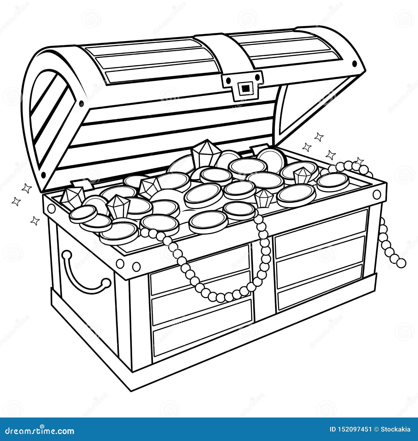 Treasure Chest Filled With Gold Treasure Gold Coins Diamonds Pearls And Jewelry Vector Black