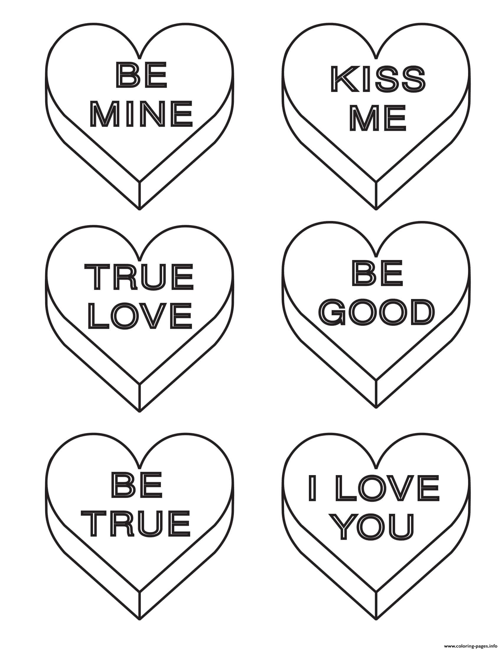 Valentine Conversation Hearts Coloring Page Printable
