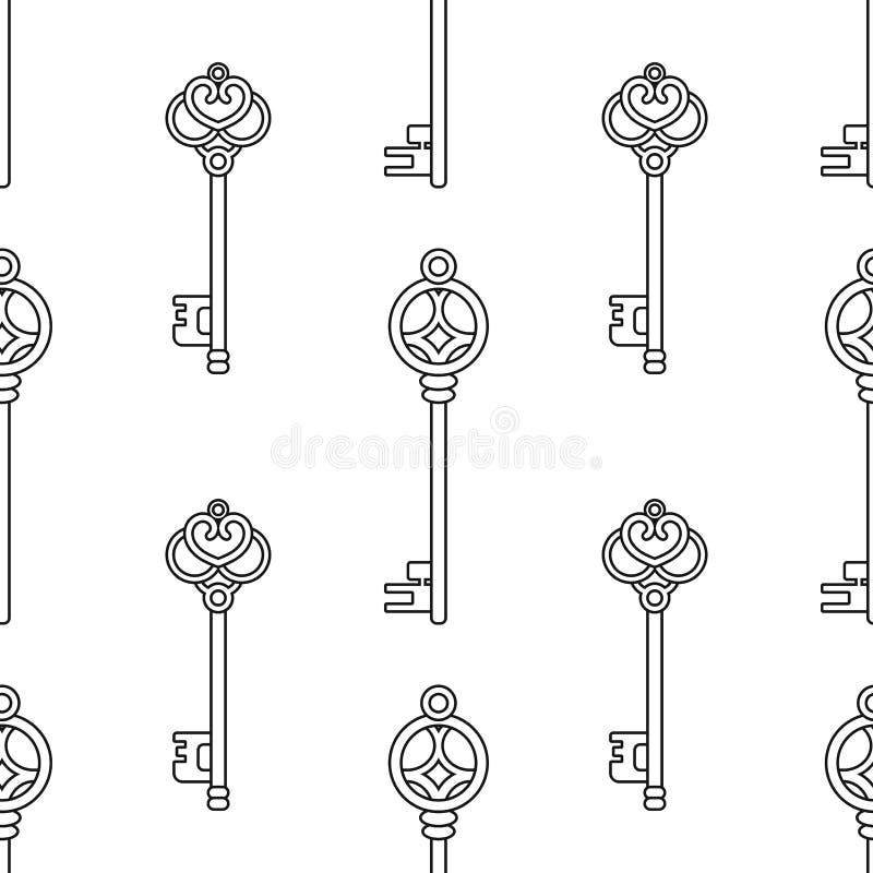 Vintage Keys Black And White Seamless Pattern For Coloring Books Pages Stock Vector