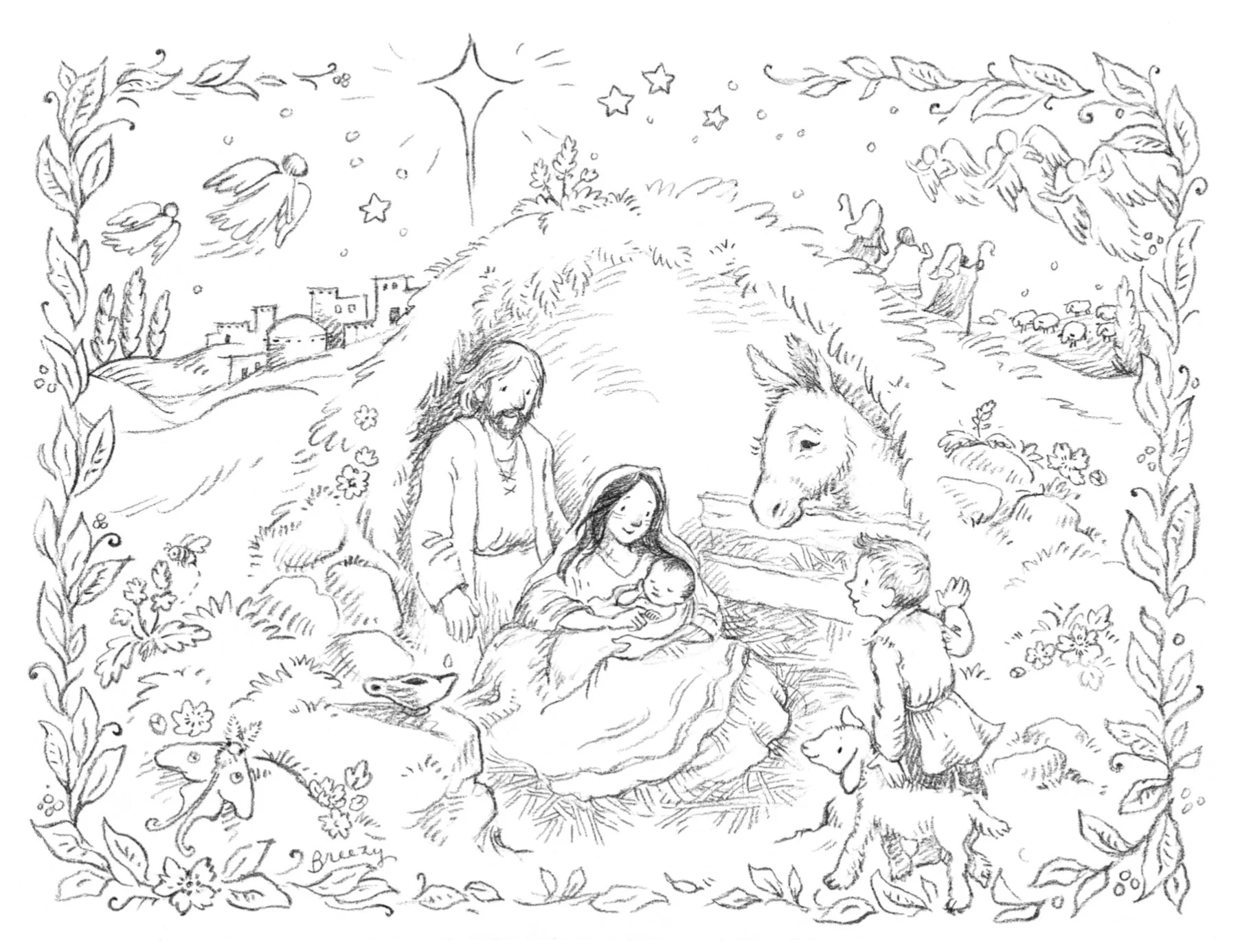 Silent Night Nativity Scene Coloring Page For Christmas Storybook Style Illustration For Children Etsy