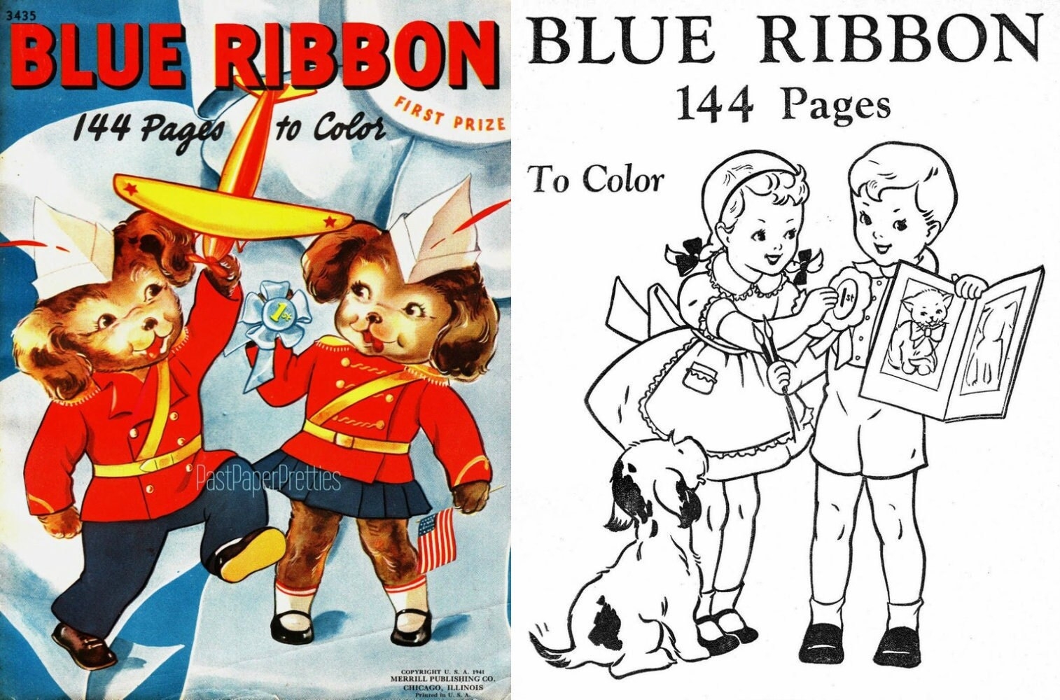 Vintage Printable Coloring Book Blue Ribbon 1941 PDF Instant Digital Download Kitsch Cute Children Animals 144 Pages Etsy